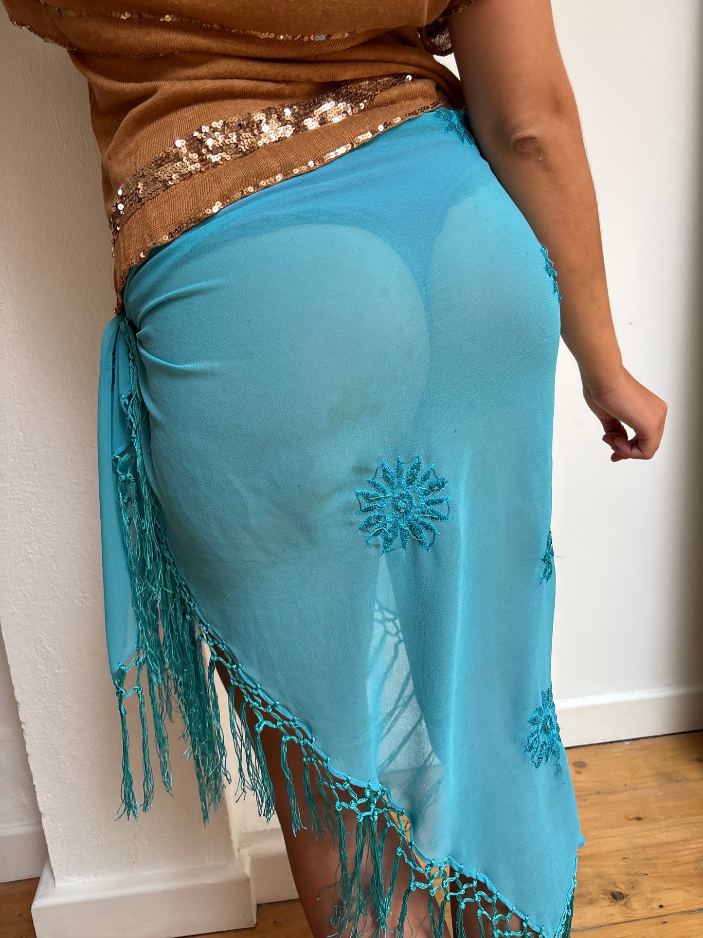 Vintage Turquoise Embroidered Sarong