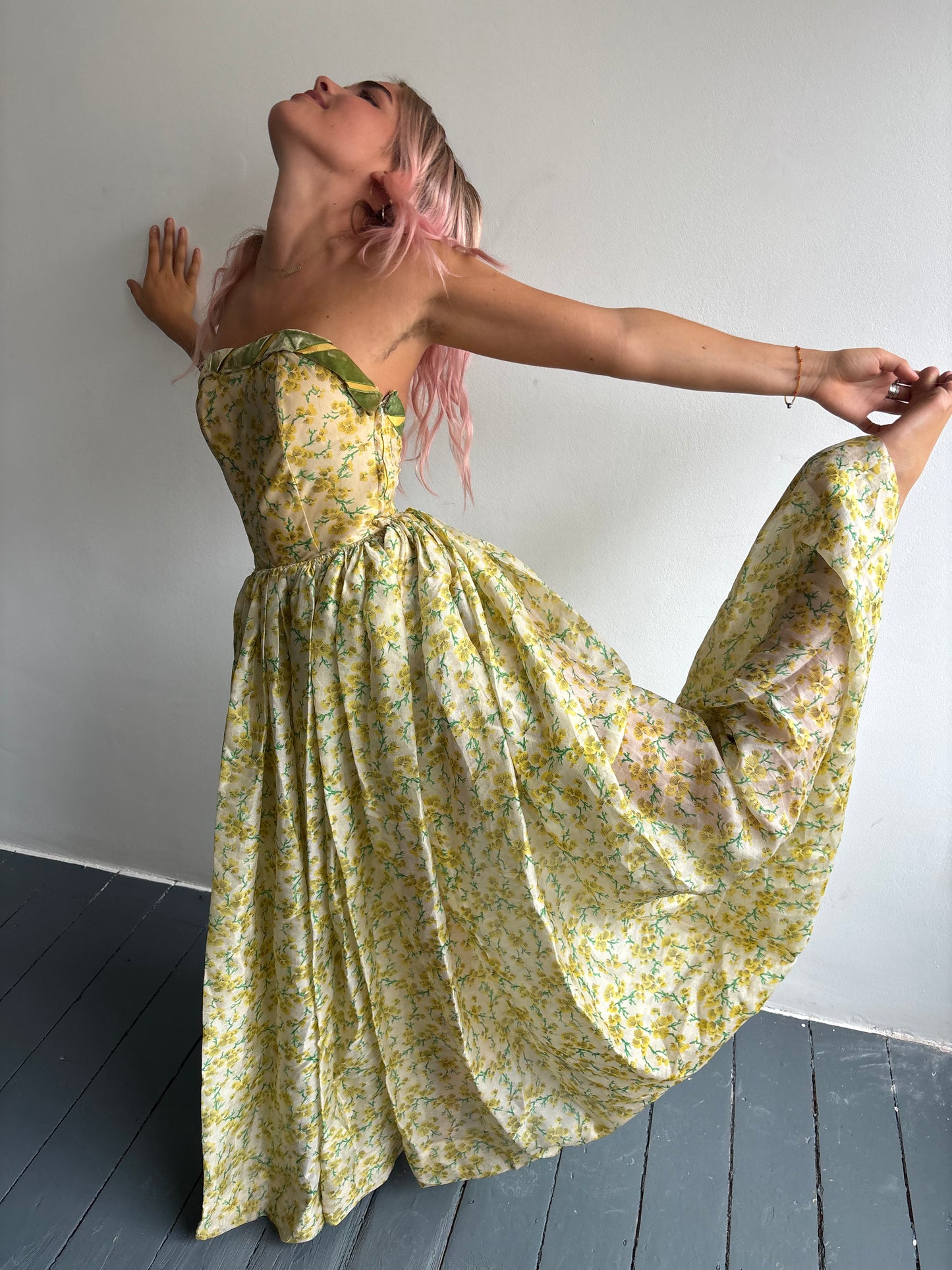 Vintage 1950s Yellow Flower Ball Gown