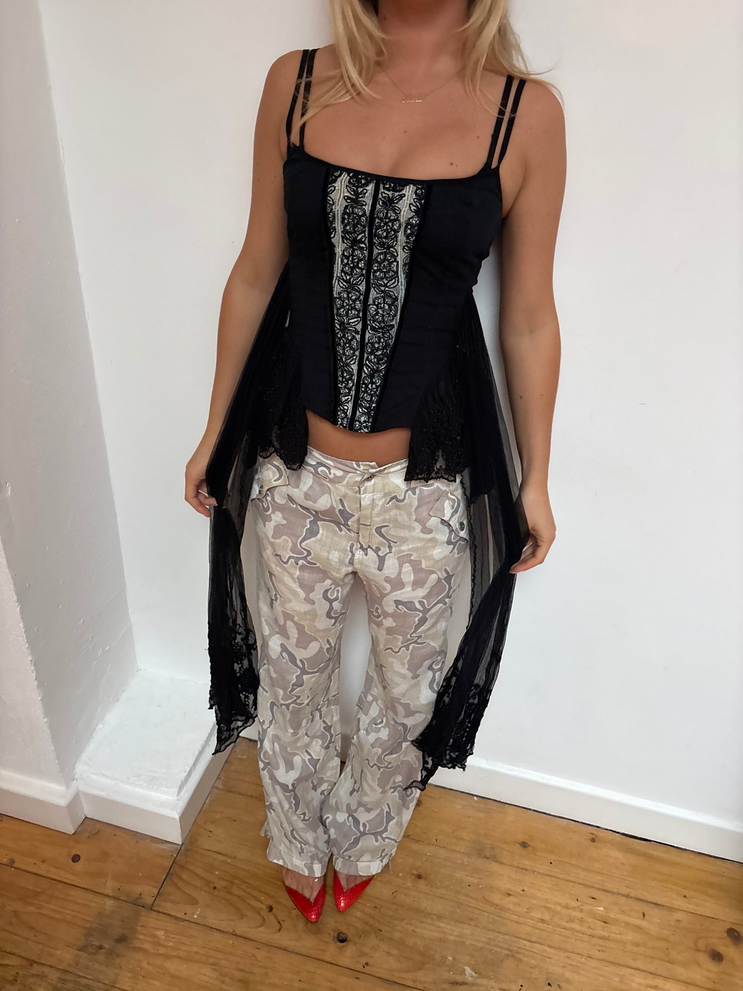 Chine Black Embroidered Corset