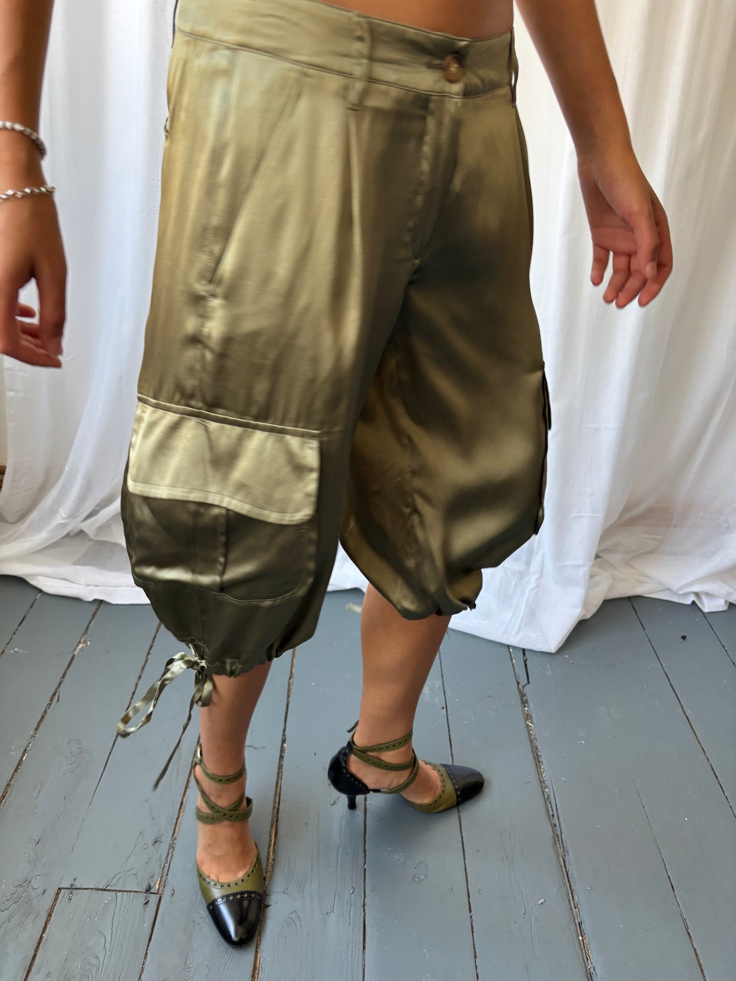 Valentino Khaki Silk Capris