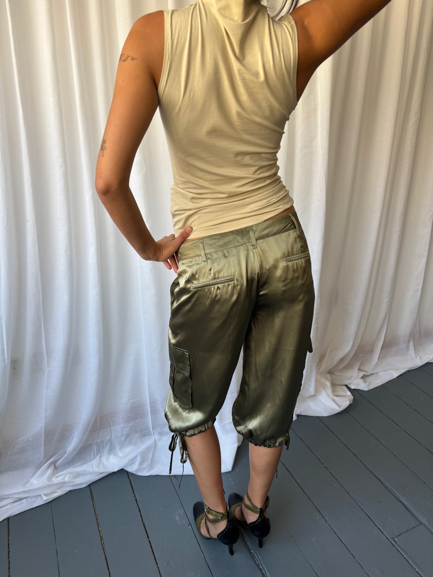 Valentino Khaki Silk Capris