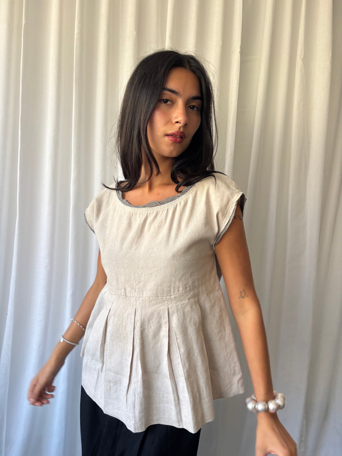 Maje Beige Linen Pleated Top