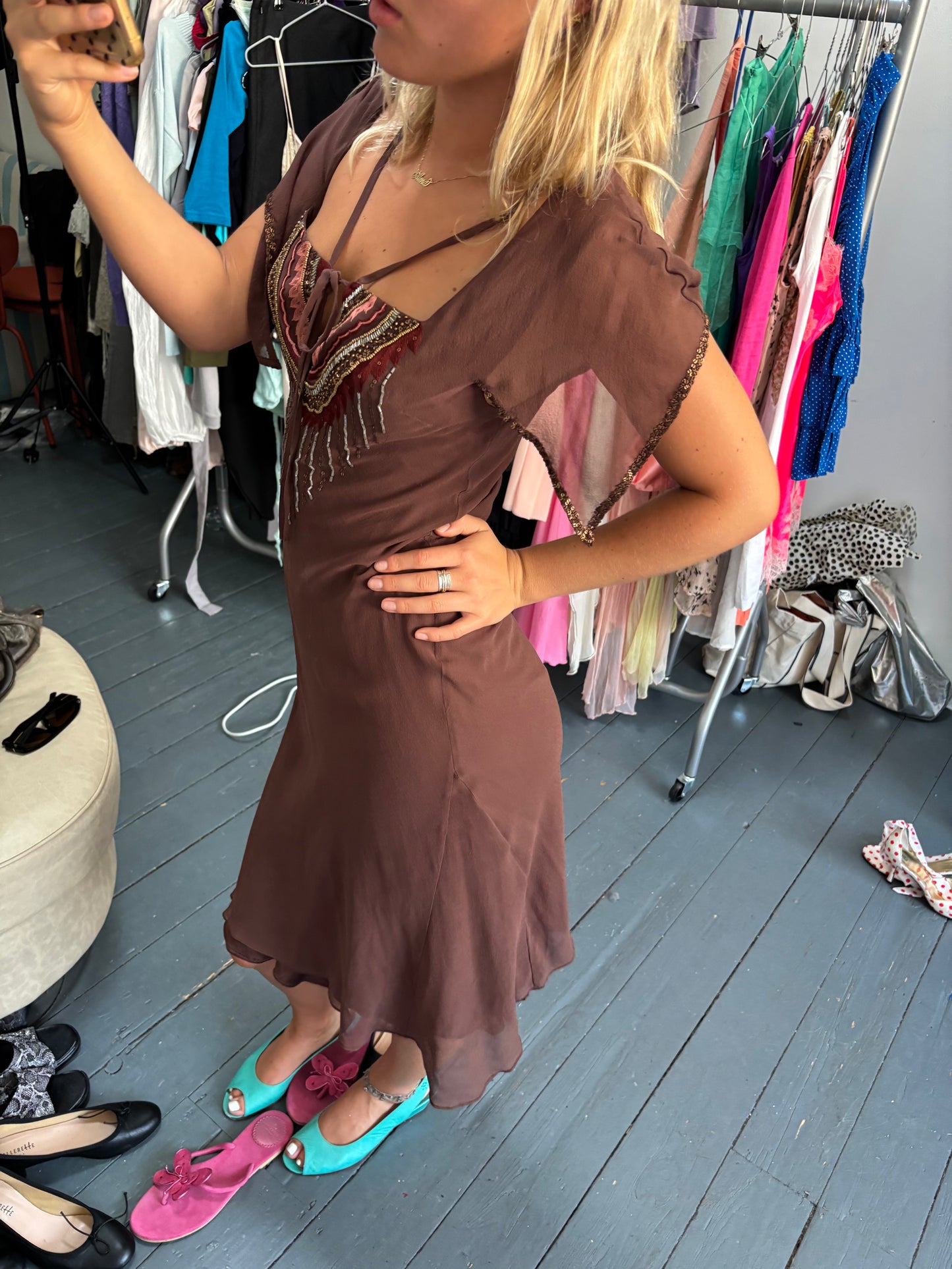 Tara Jarmon Brown Beaded Dress