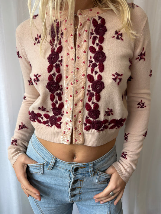Vintage Beige Appliquéd Cardigan