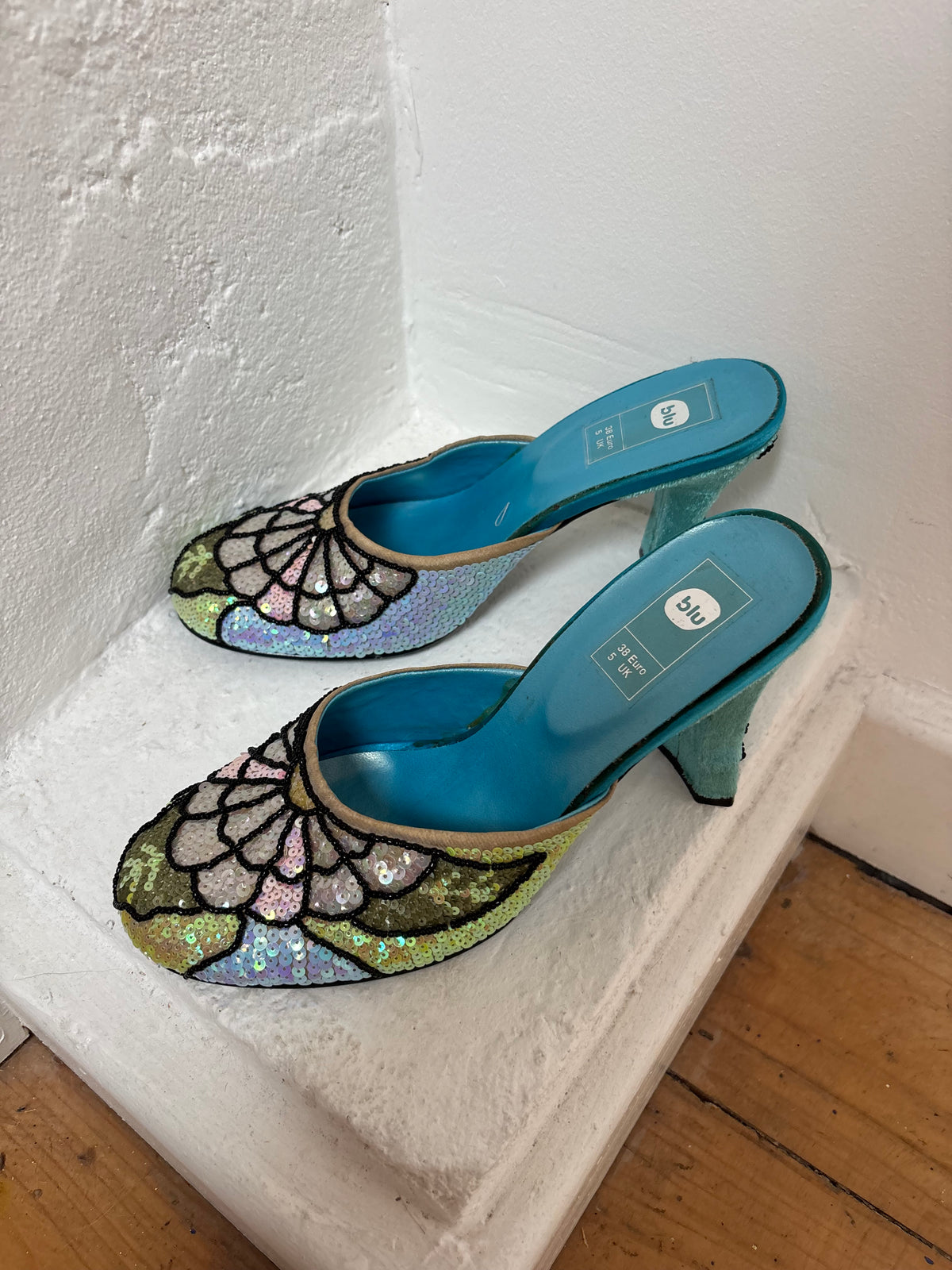Blu Sequin Heel Mules