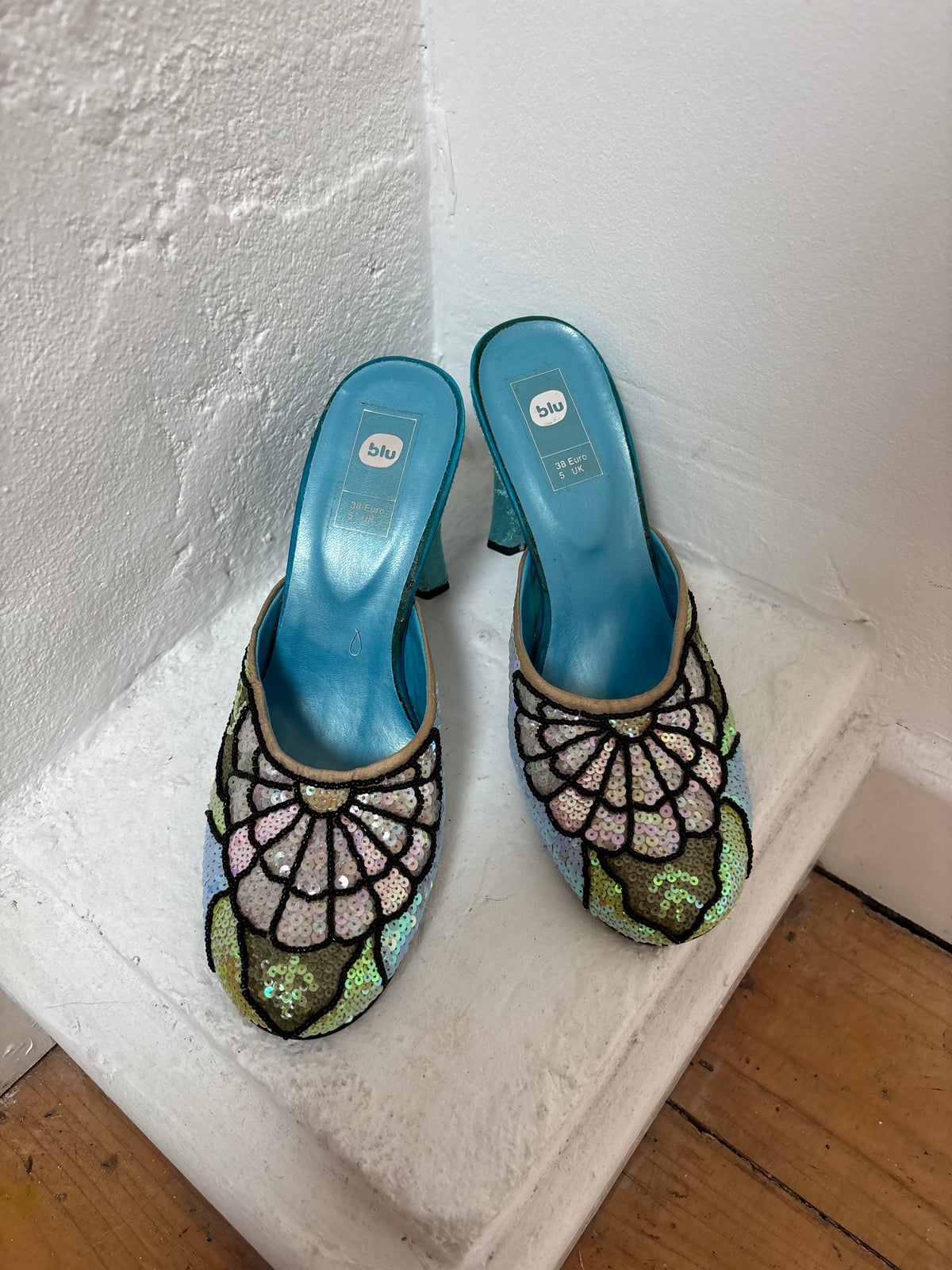 Blu Sequin Heel Mules