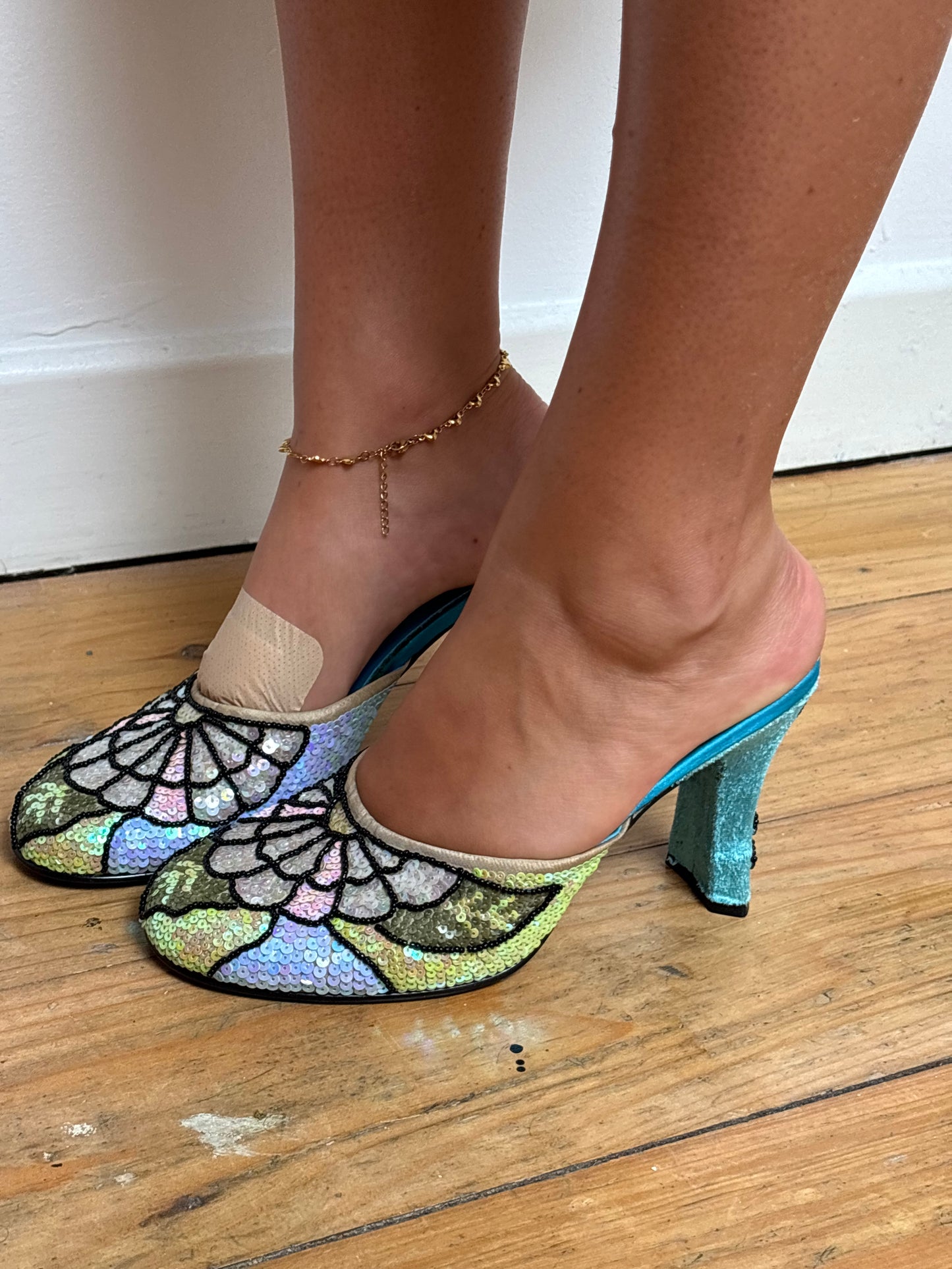 Blu Sequin Heel Mules