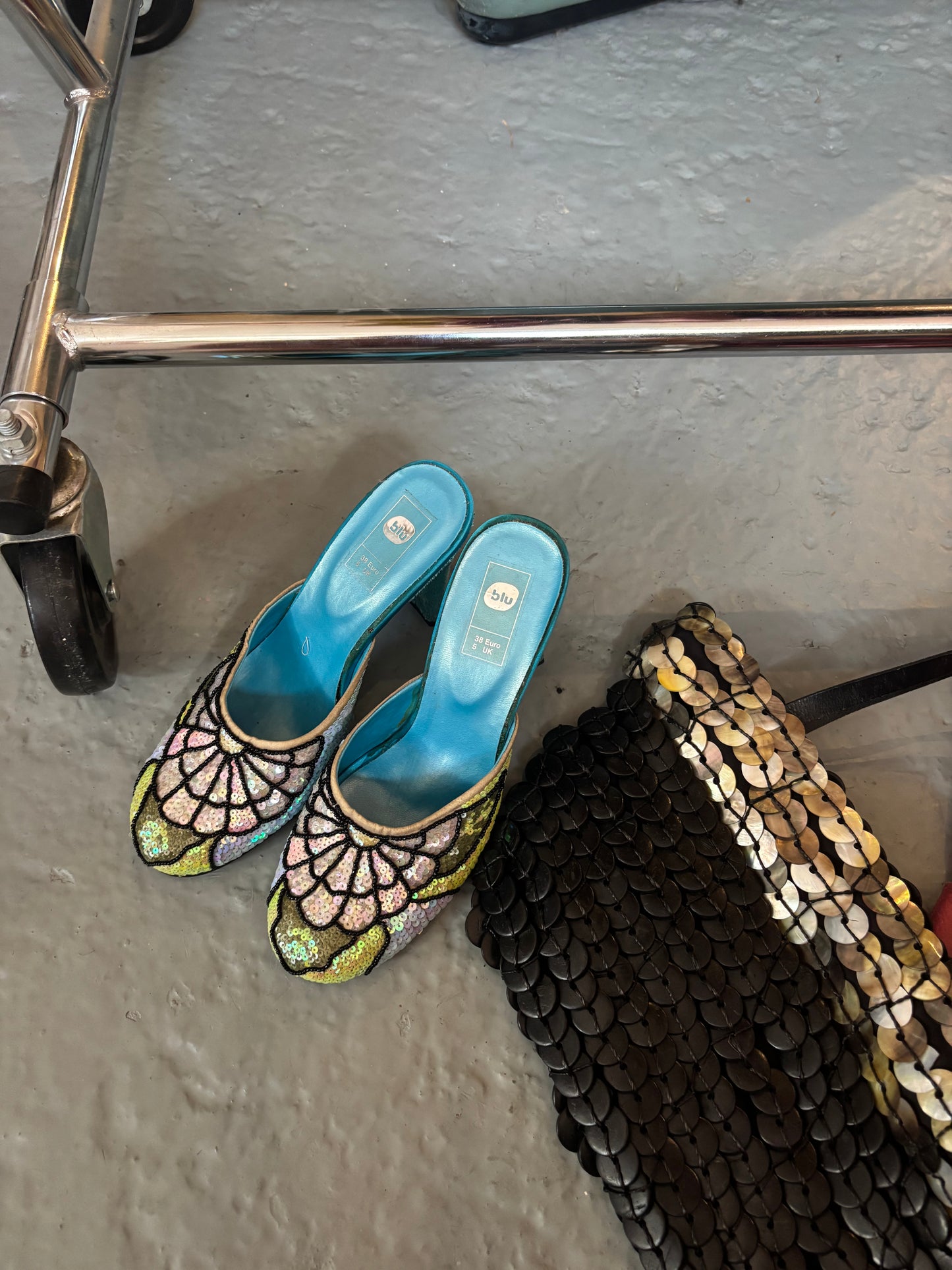 Blu Sequin Heel Mules