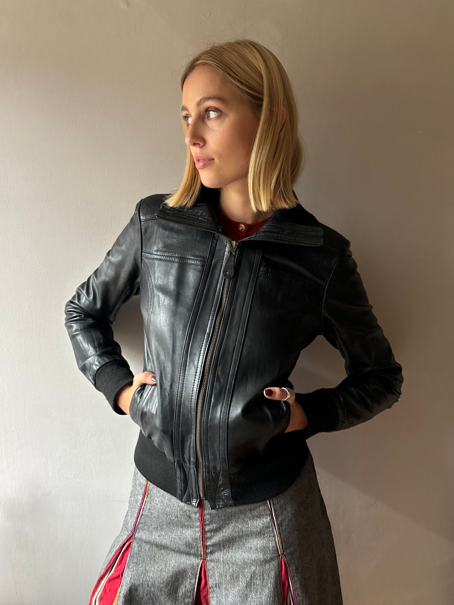 Heeli Black Leather Bomber Jacket