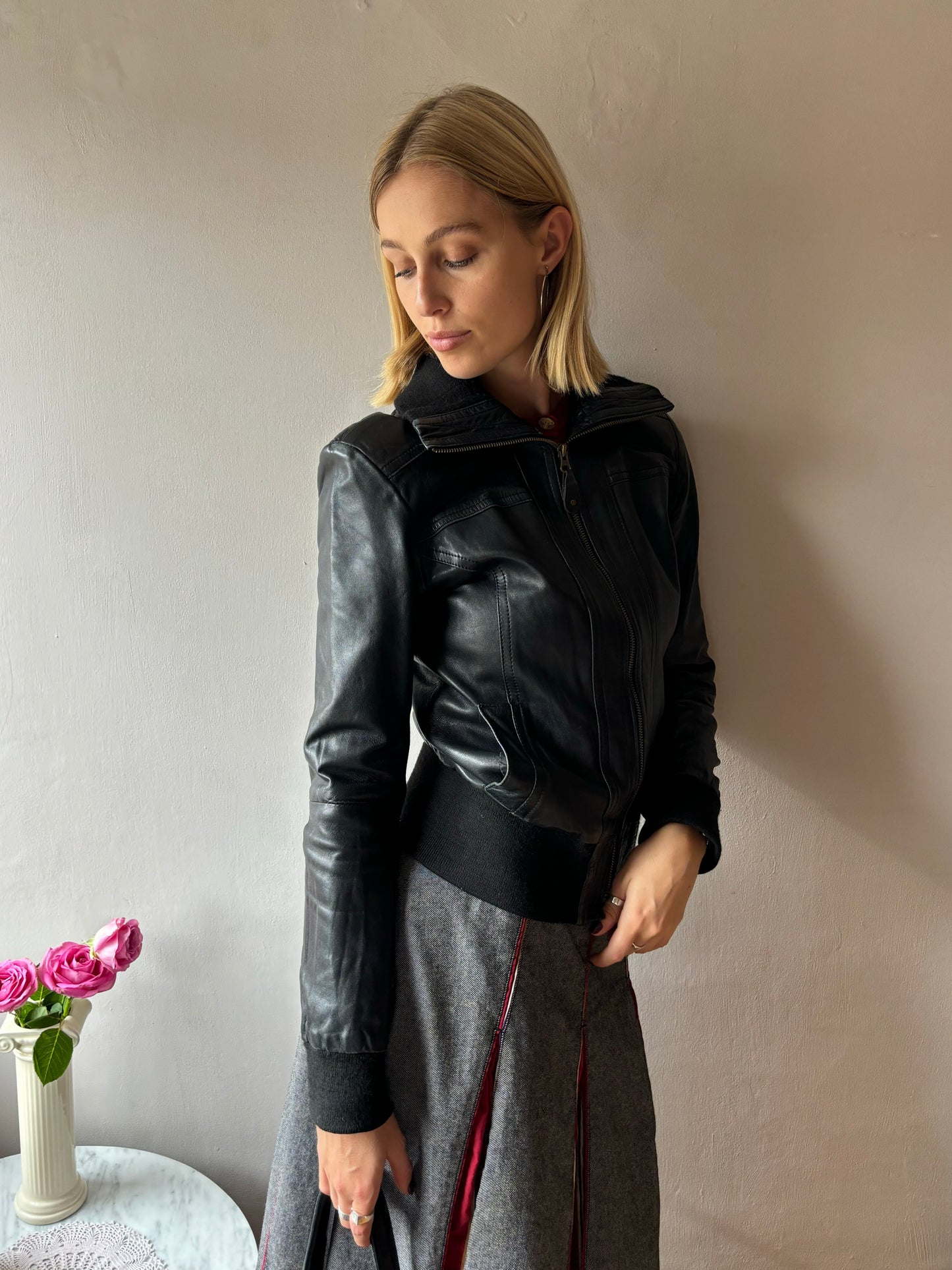 Heeli Black Leather Bomber Jacket