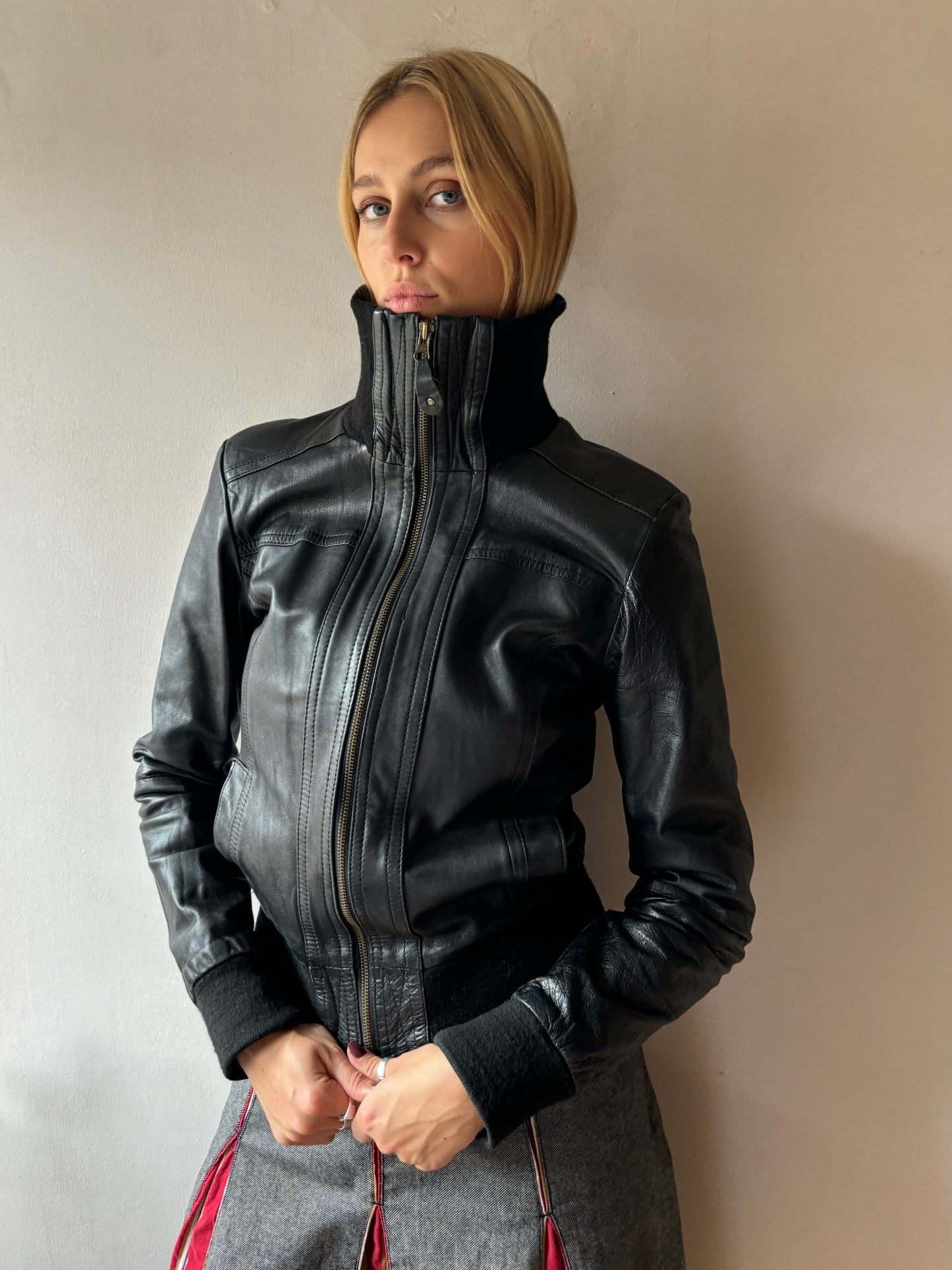 Heeli Black Leather Bomber Jacket