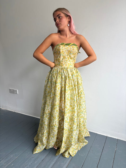 Vintage 1950s Yellow Flower Ball Gown