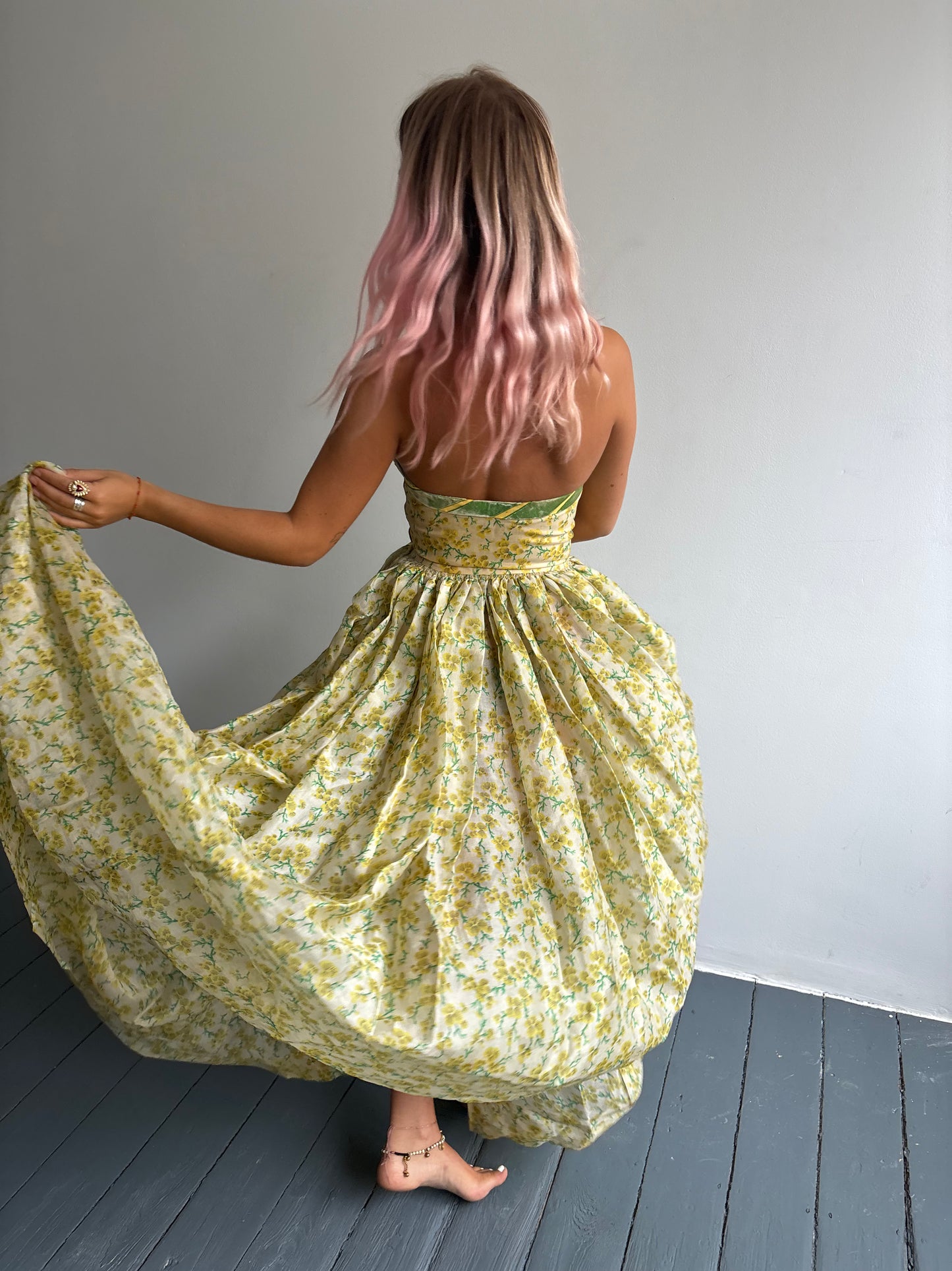Vintage 1950s Yellow Flower Ball Gown