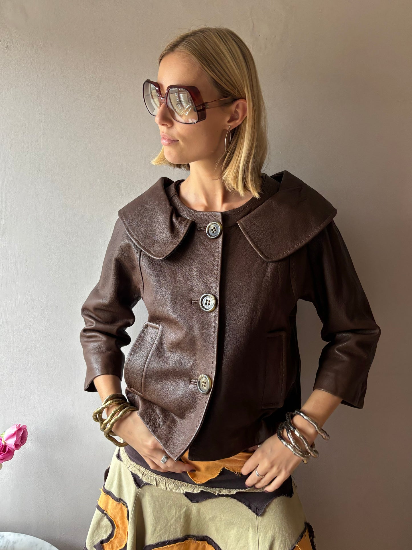 BCBG Max Azria Brown Leather Pea Coat