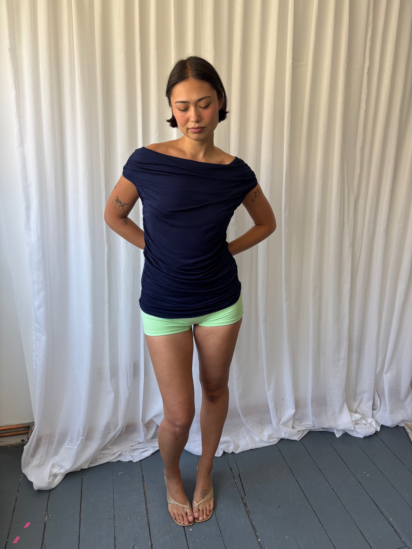 Ashley Brooke Navy Ruched Top