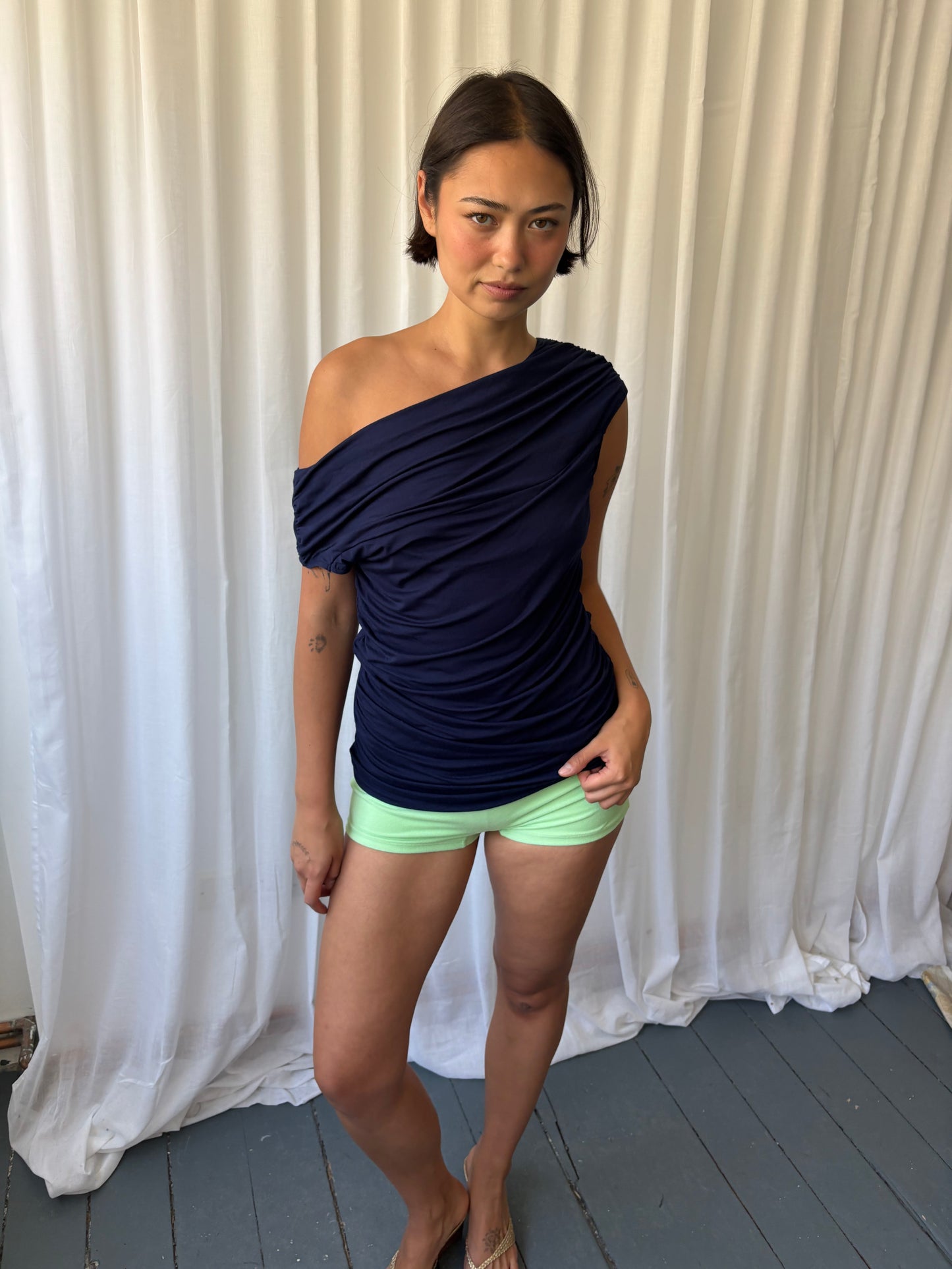 Ashley Brooke Navy Ruched Top