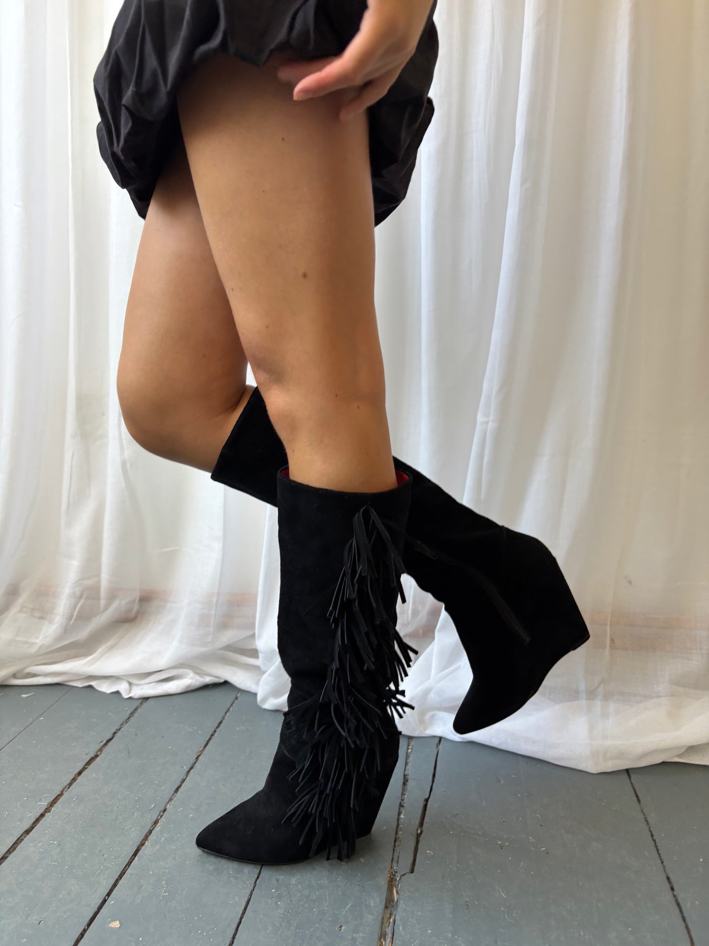Betsey Johnson Black Suede Fringe Boots