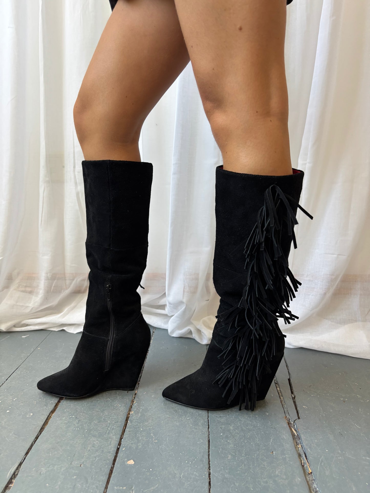 Betsey Johnson Black Suede Fringe Boots