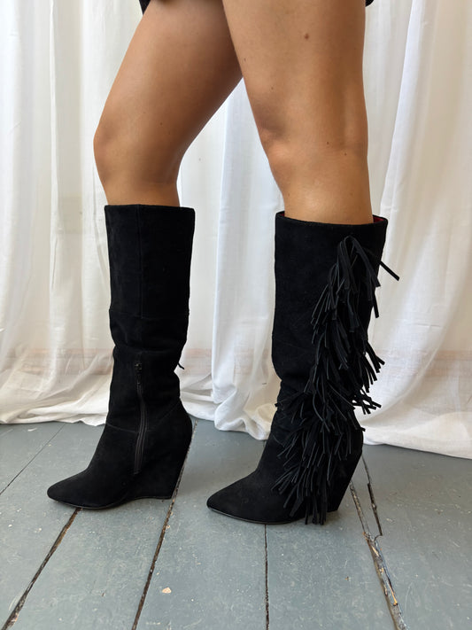 Betsey Johnson Black Suede Fringe Boots