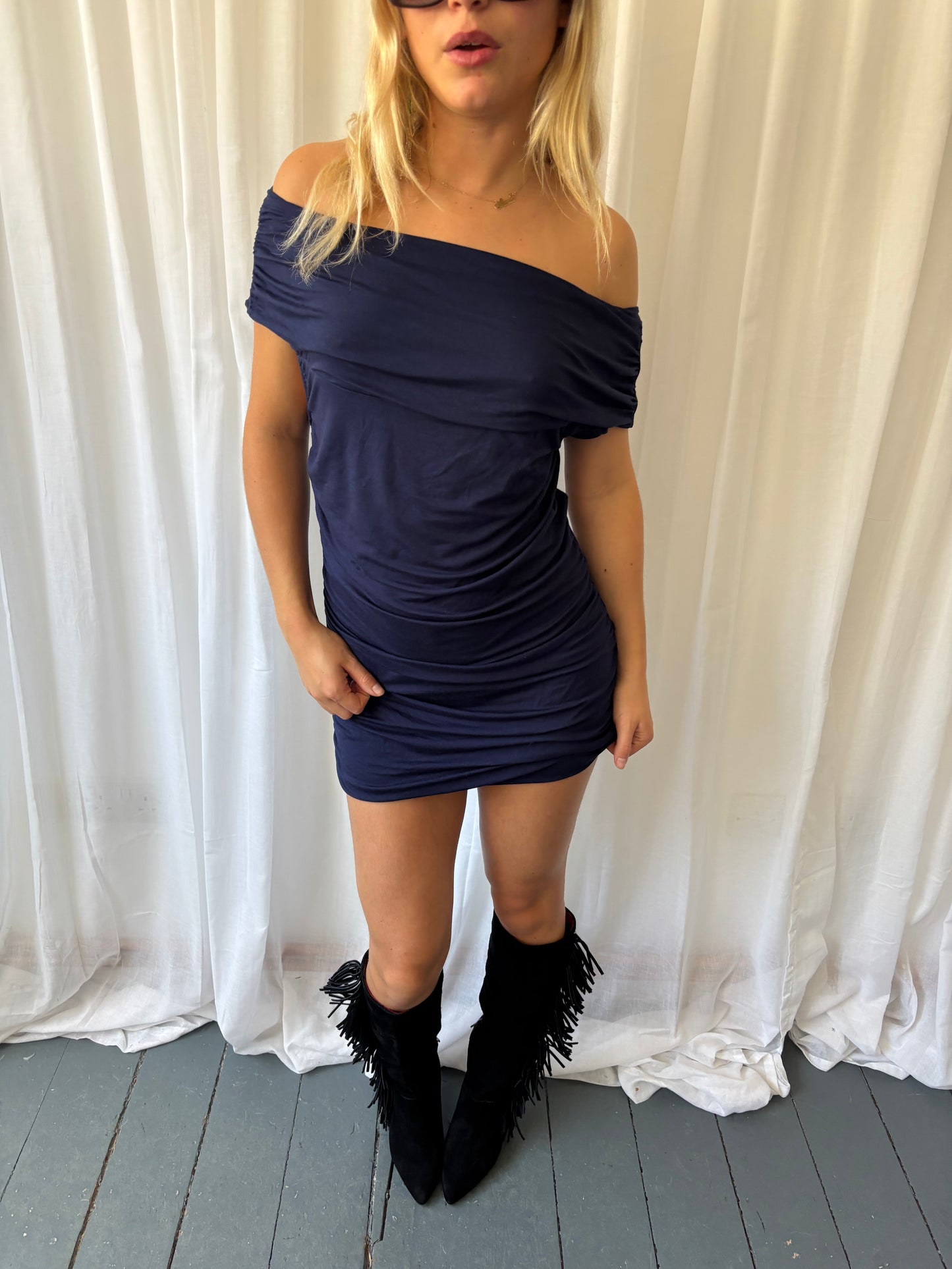 Ashley Brooke Navy Ruched Top