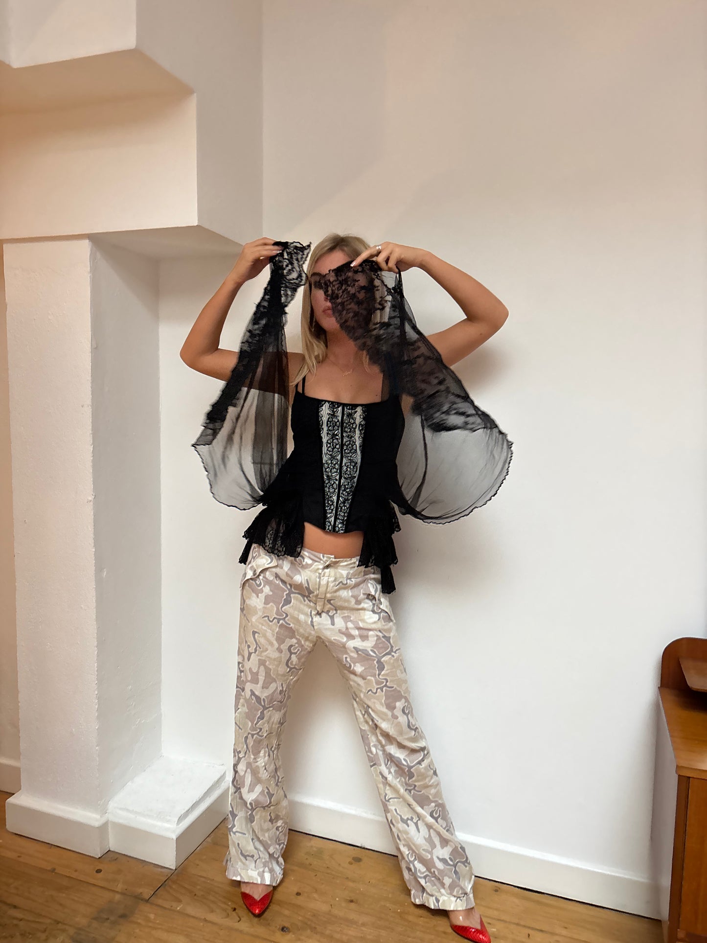 Chine Black Embroidered Corset