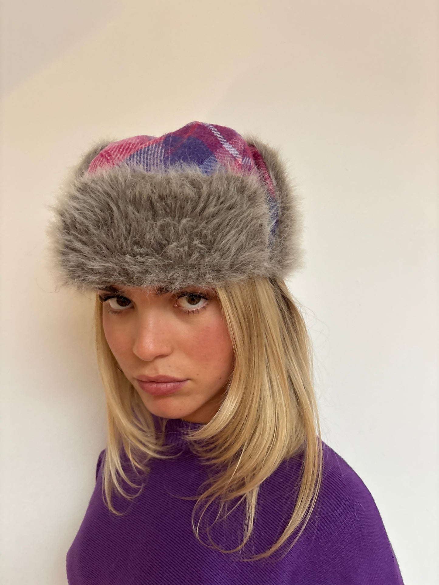 Ness Purple Plaid Trapper Hat