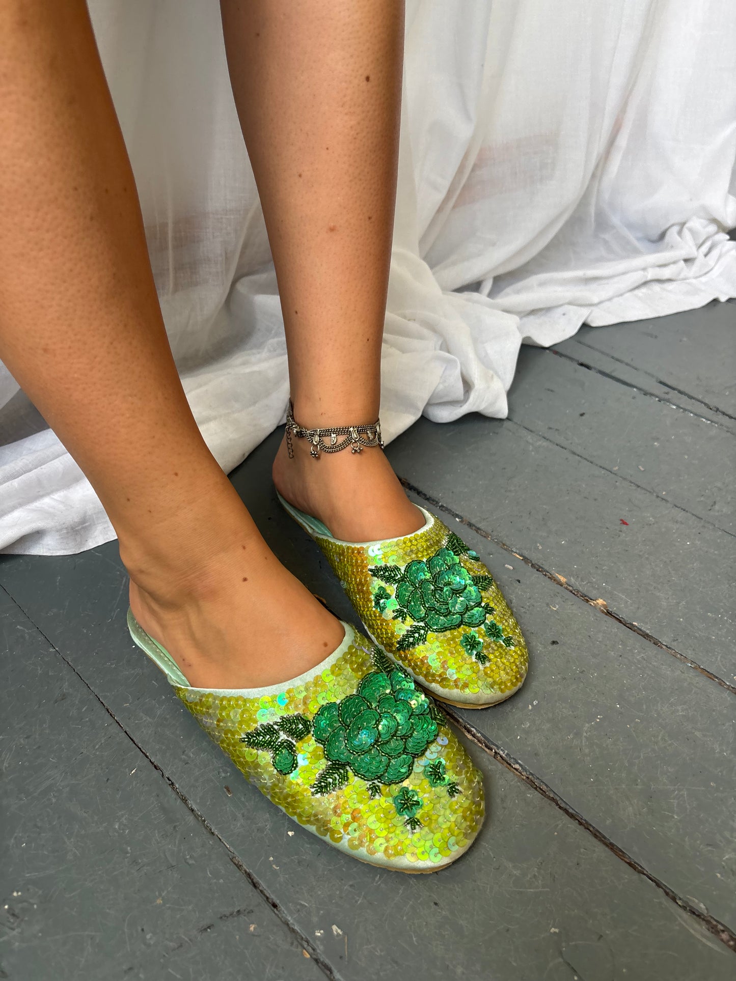 Etam Green Sequin Slippers
