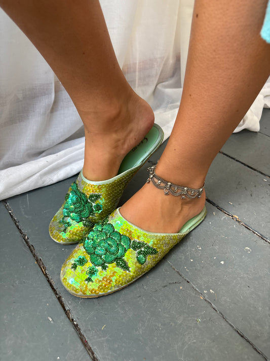 Etam Green Sequin Slippers