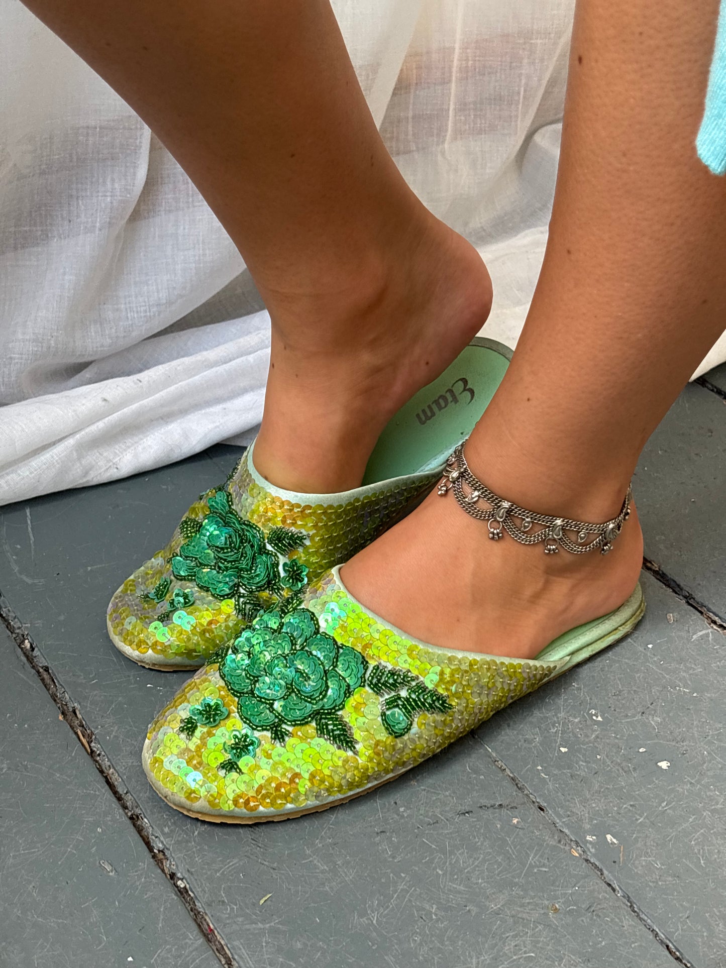 Etam Green Sequin Slippers