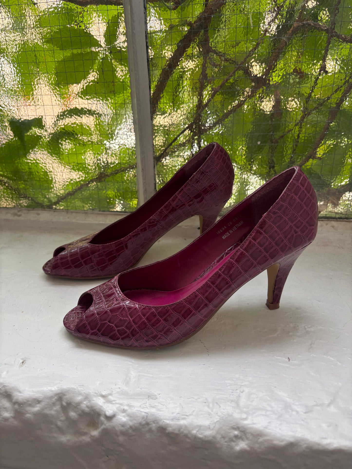Sophie Gray Purple Peep Toe Heels