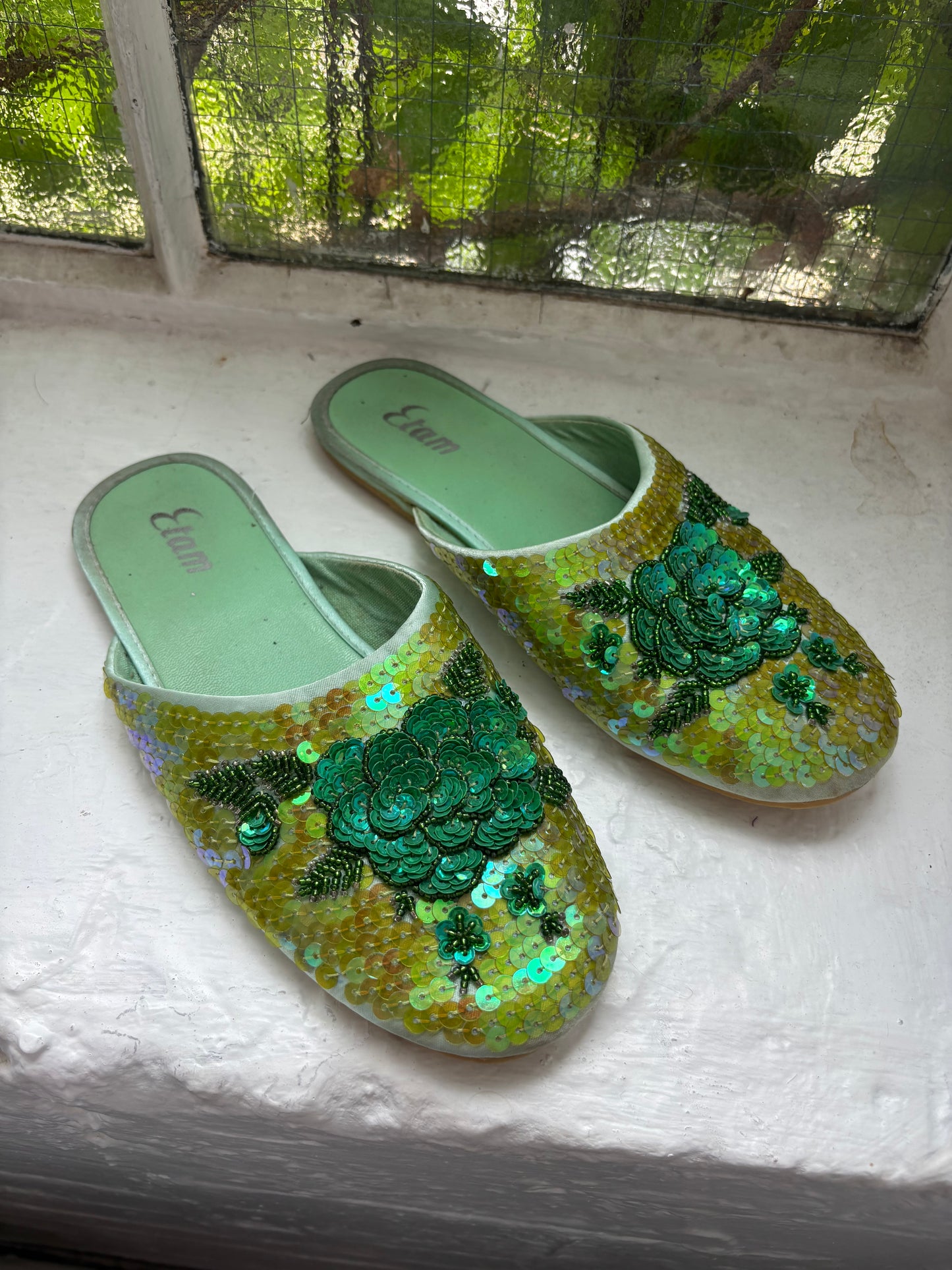 Etam Green Sequin Slippers