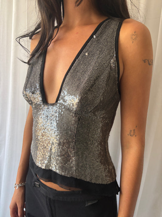 Amanda Wakeley Silver Sequin Top