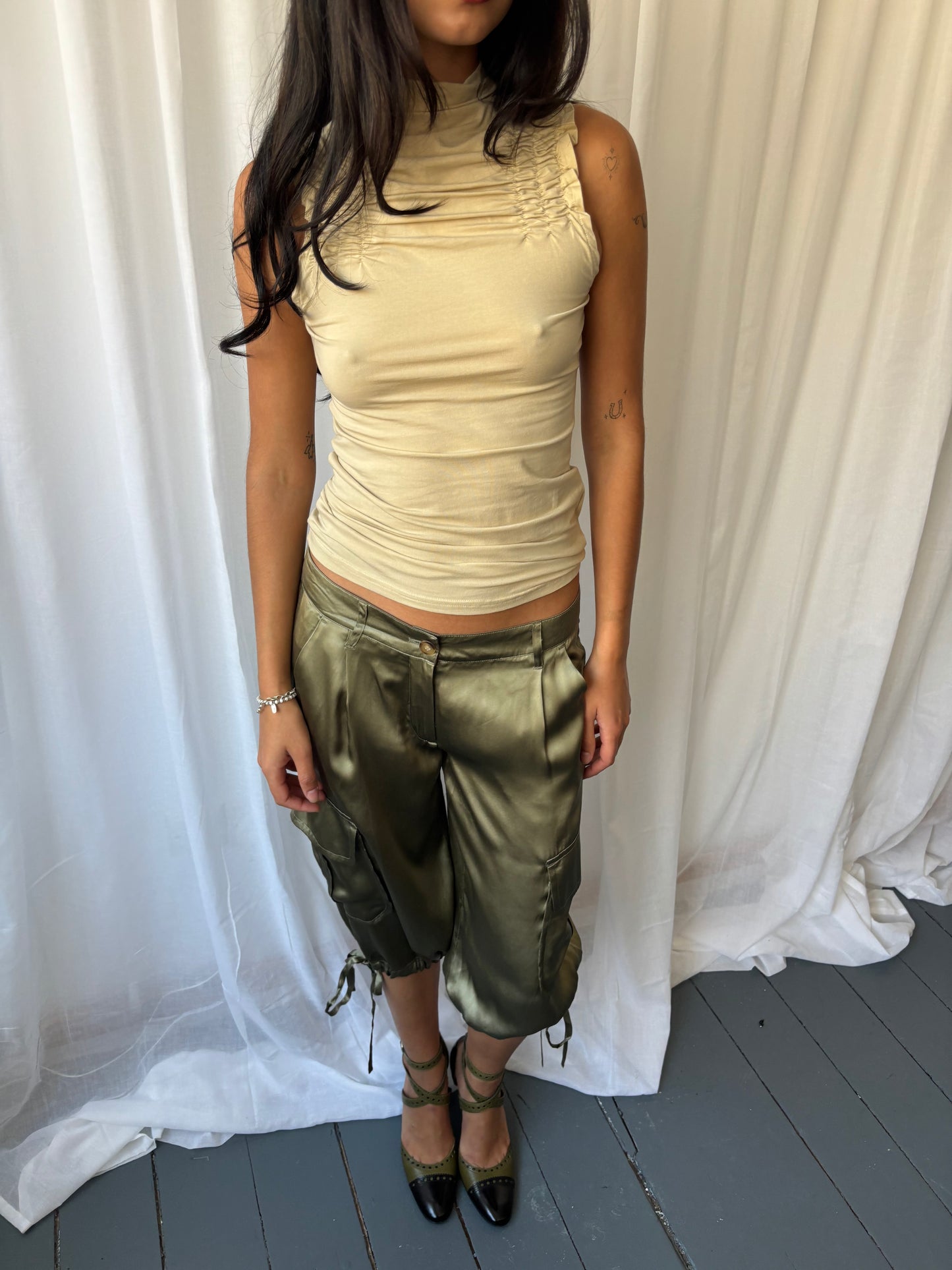 Valentino Khaki Silk Capris