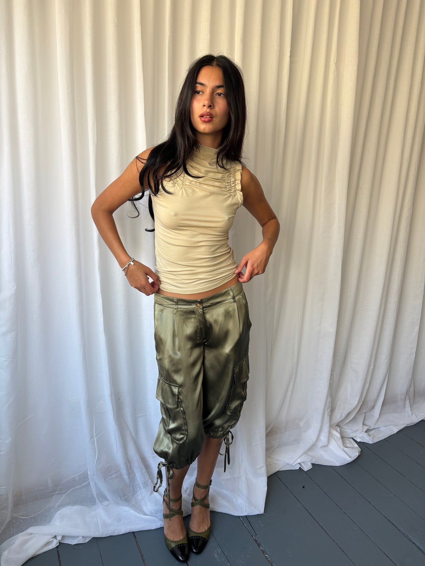 Valentino Khaki Silk Capris