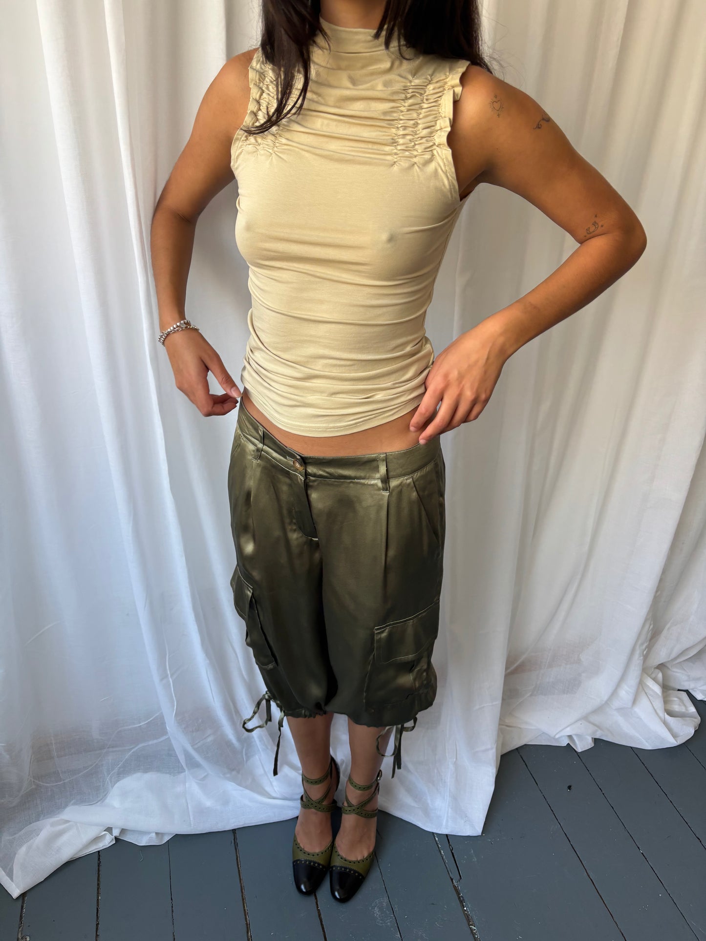 Valentino Khaki Silk Capris