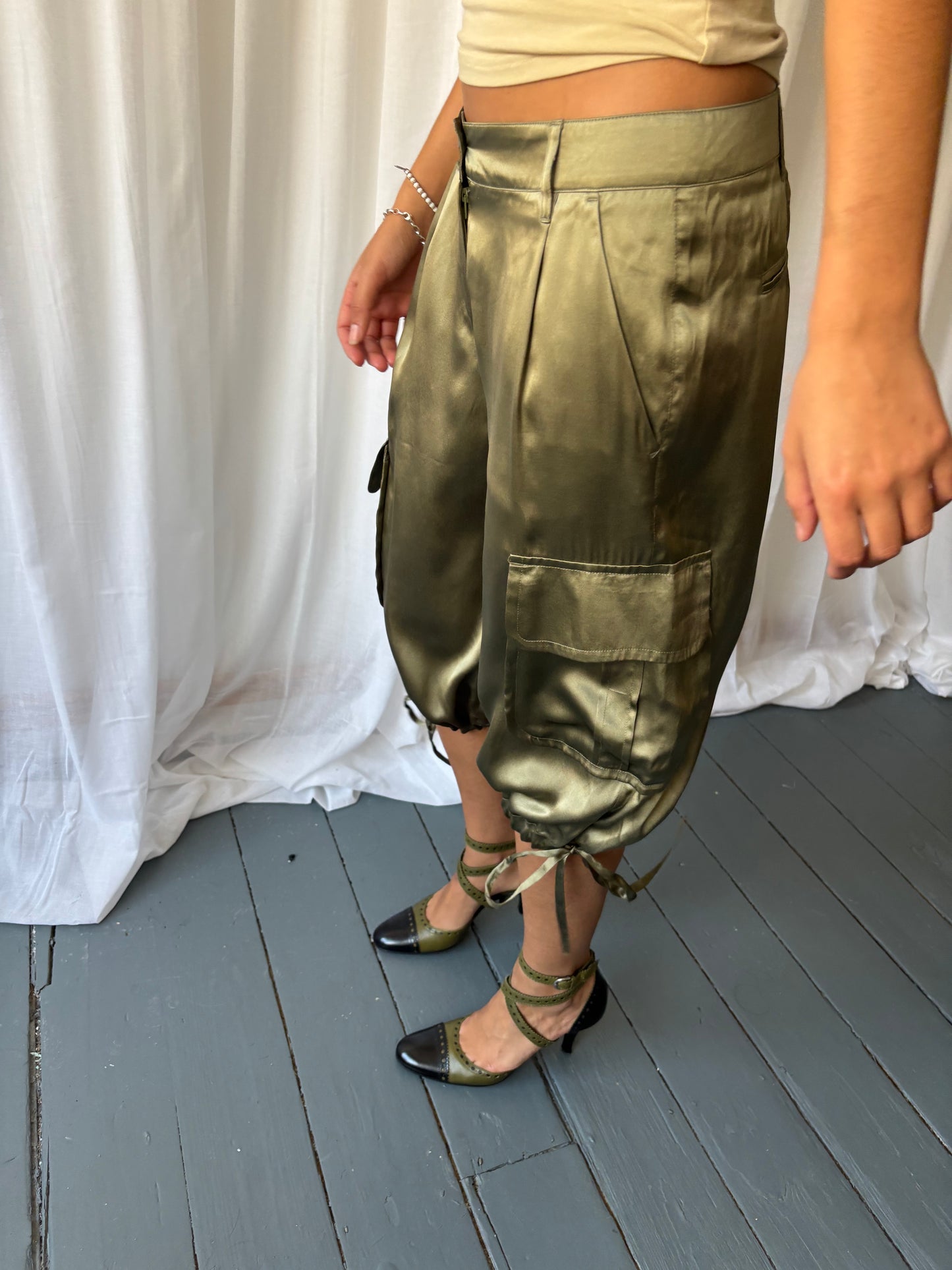 Valentino Khaki Silk Capris