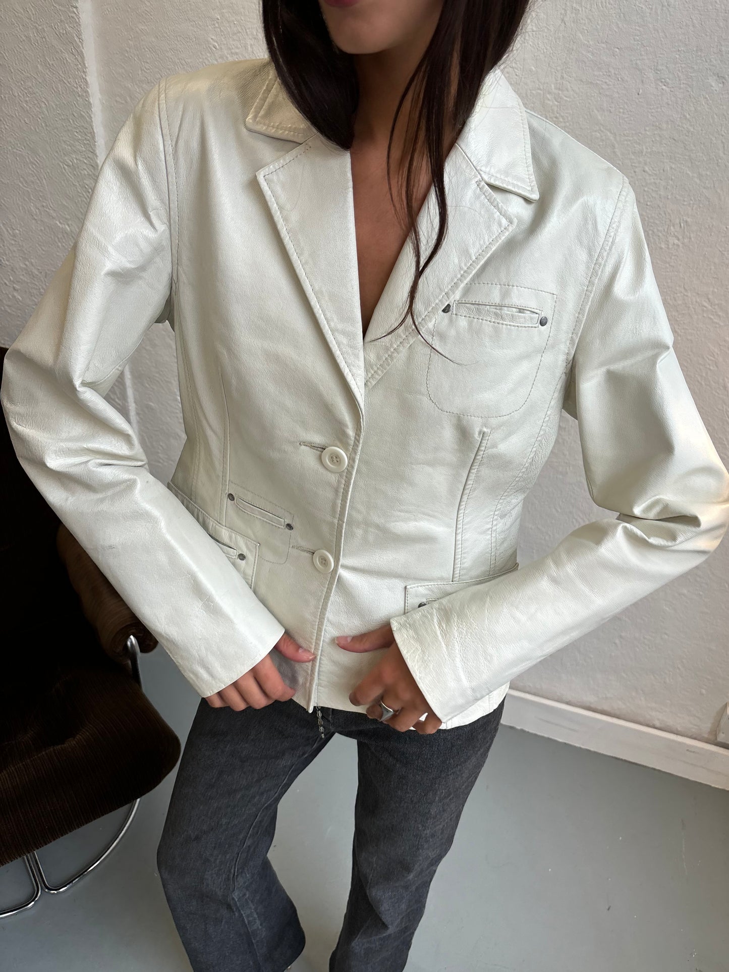 Kara White Leather Blazer