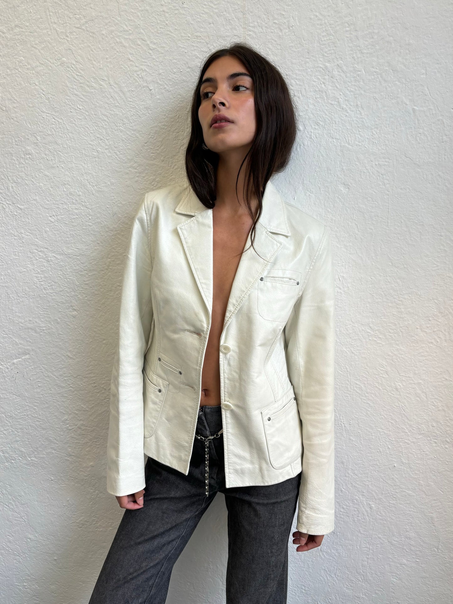 Kara White Leather Blazer