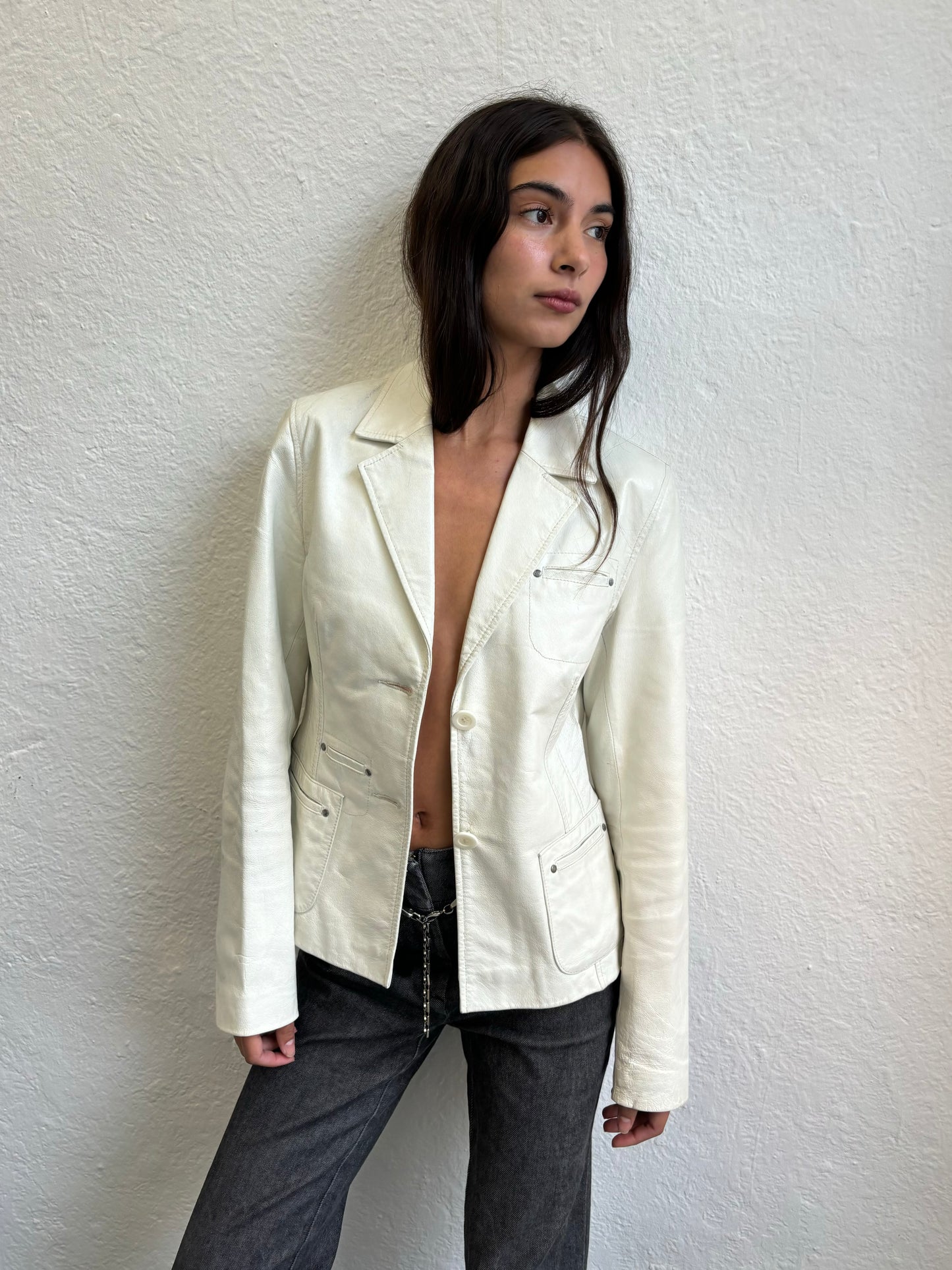 Kara White Leather Blazer