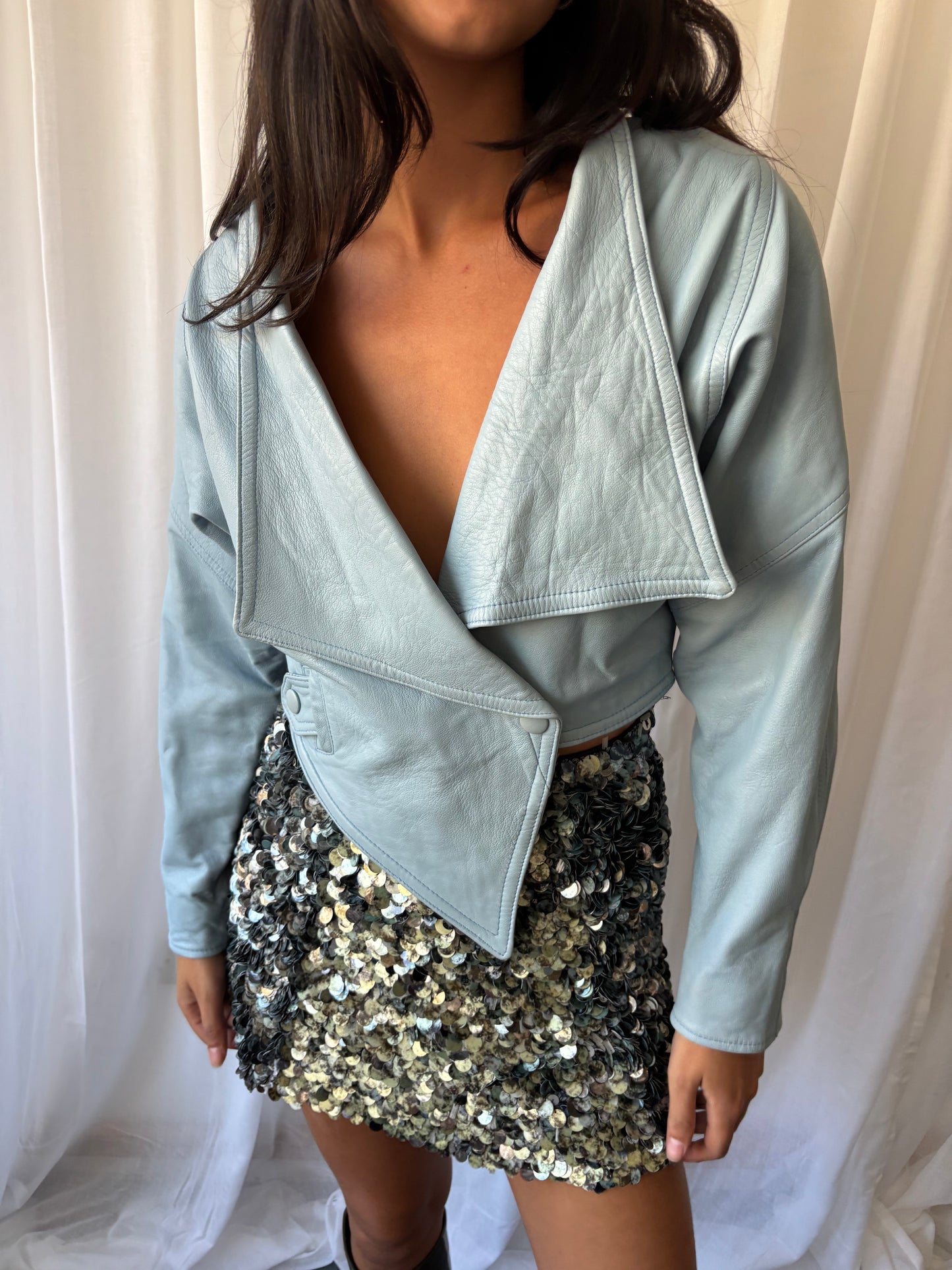 Vintage 1980s Pale Blue Leather Jacket