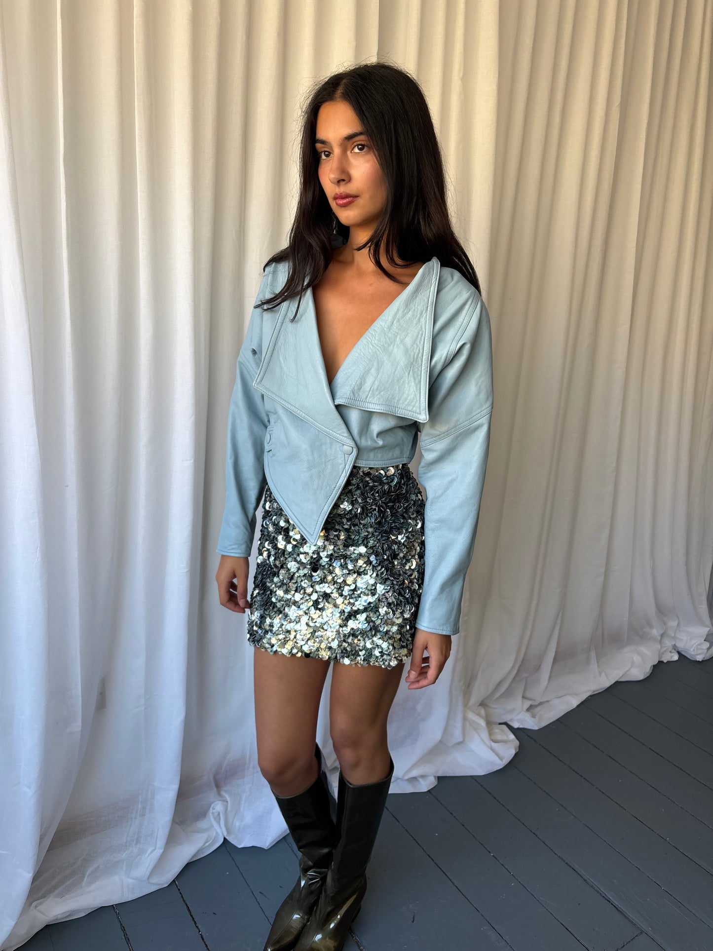 Vintage 1980s Pale Blue Leather Jacket