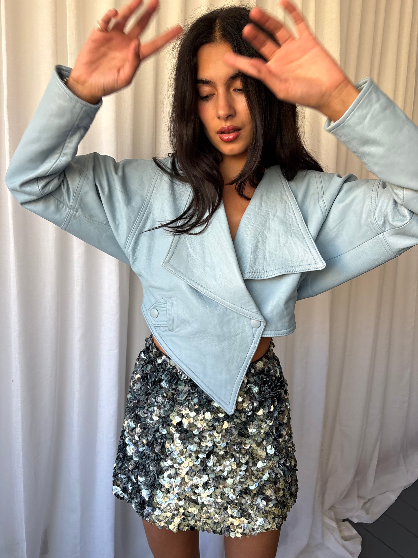 Vintage 1980s Pale Blue Leather Jacket