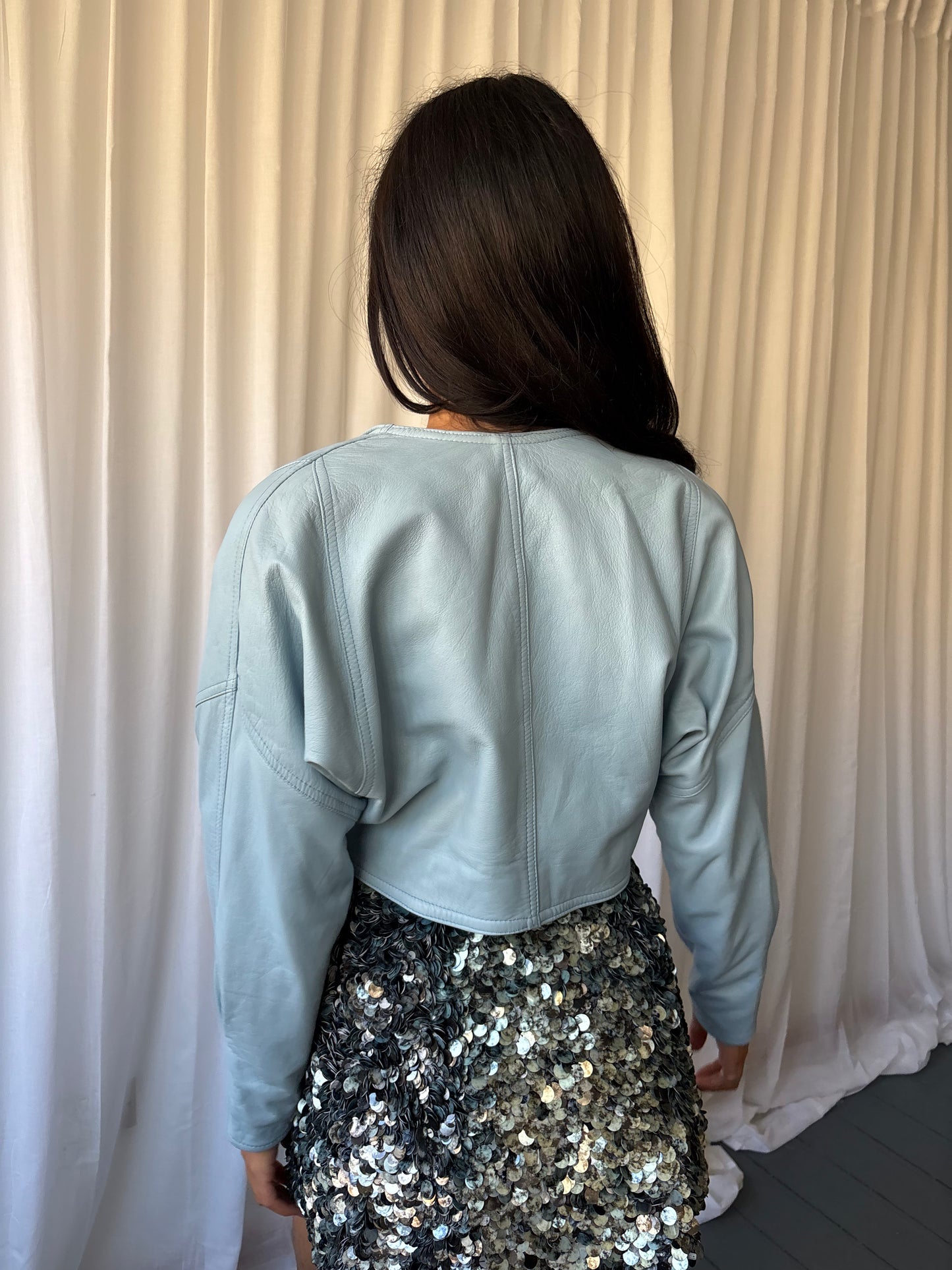 Vintage 1980s Pale Blue Leather Jacket