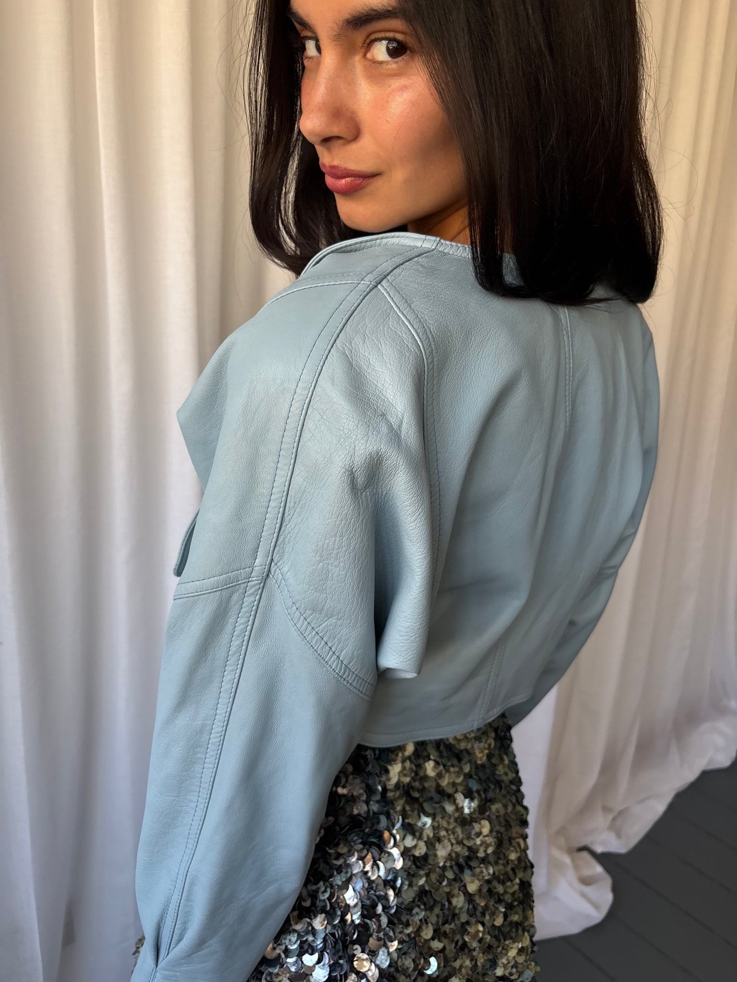 Vintage 1980s Pale Blue Leather Jacket