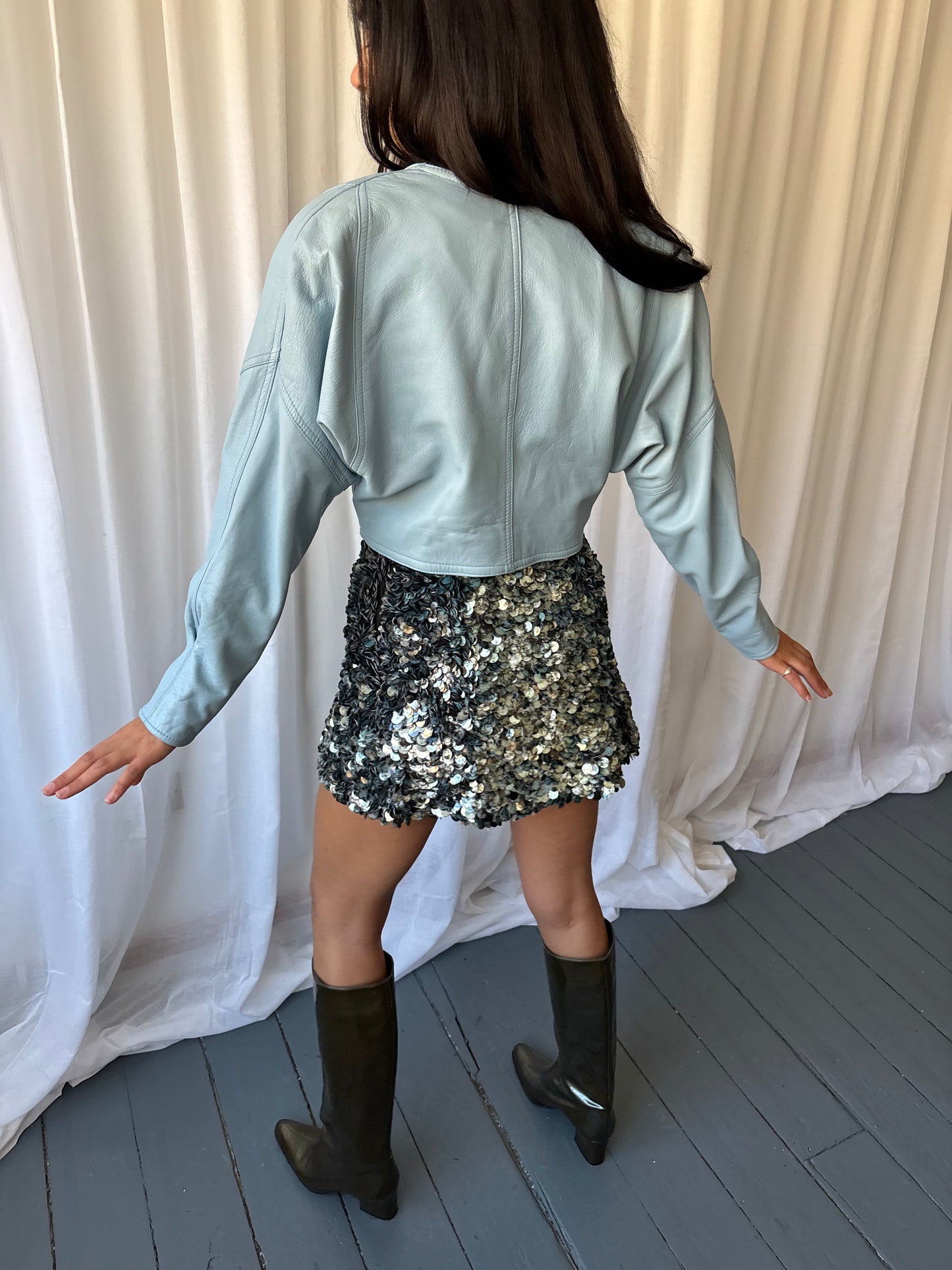 Vintage 1980s Pale Blue Leather Jacket