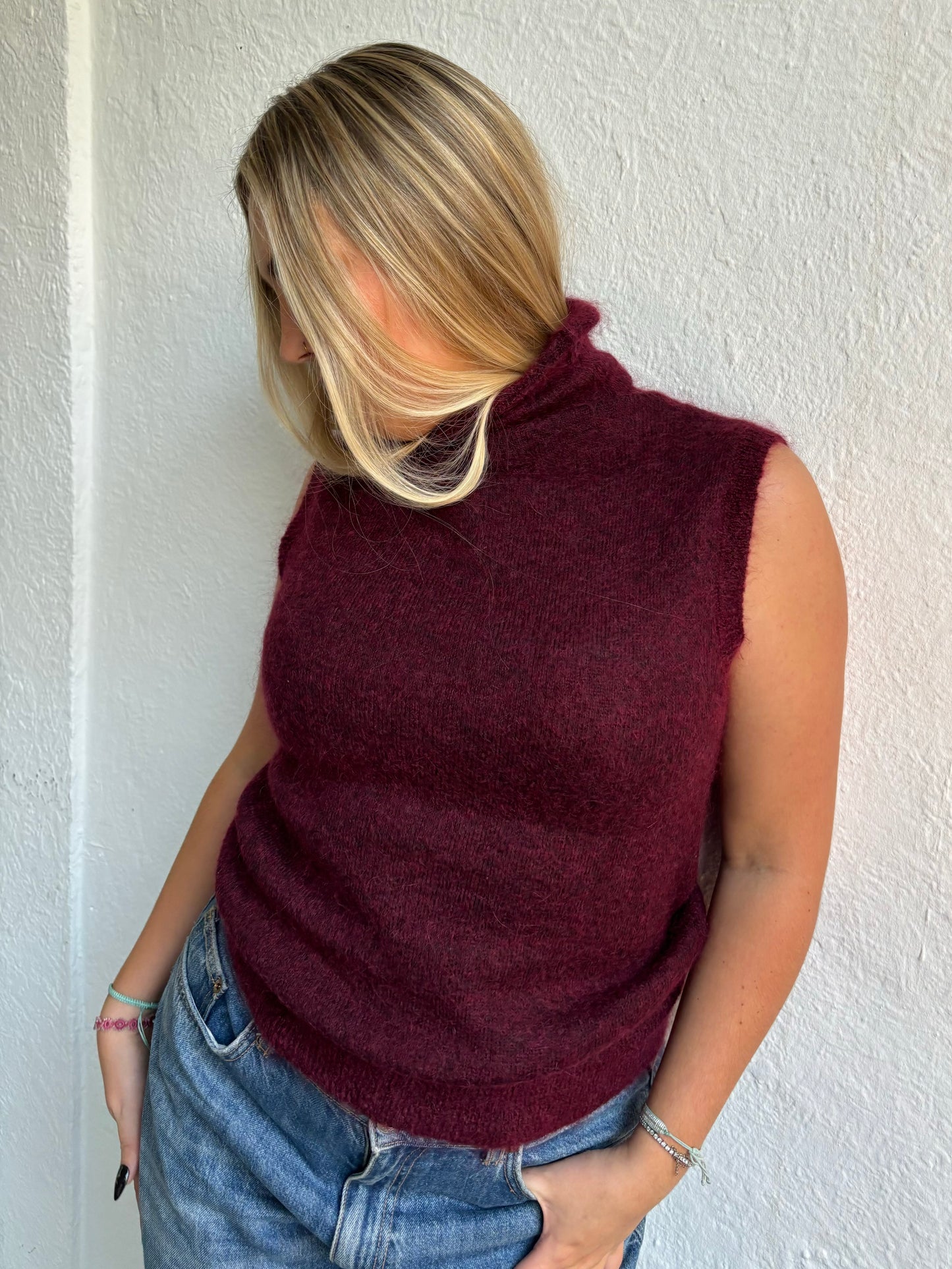 DKNY Burgundy Sleeveless Knit Jumper