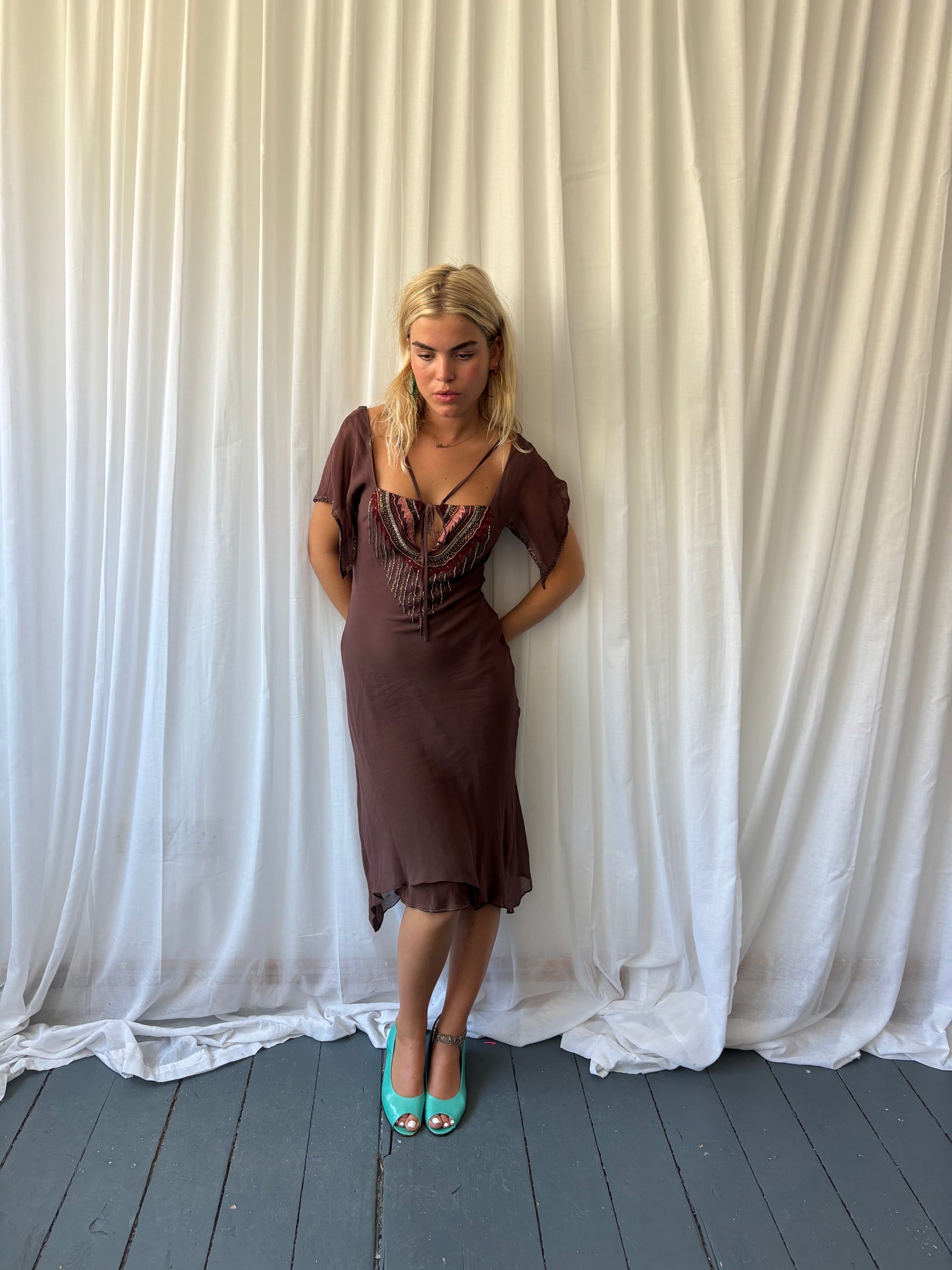 Tara Jarmon Brown Beaded Dress