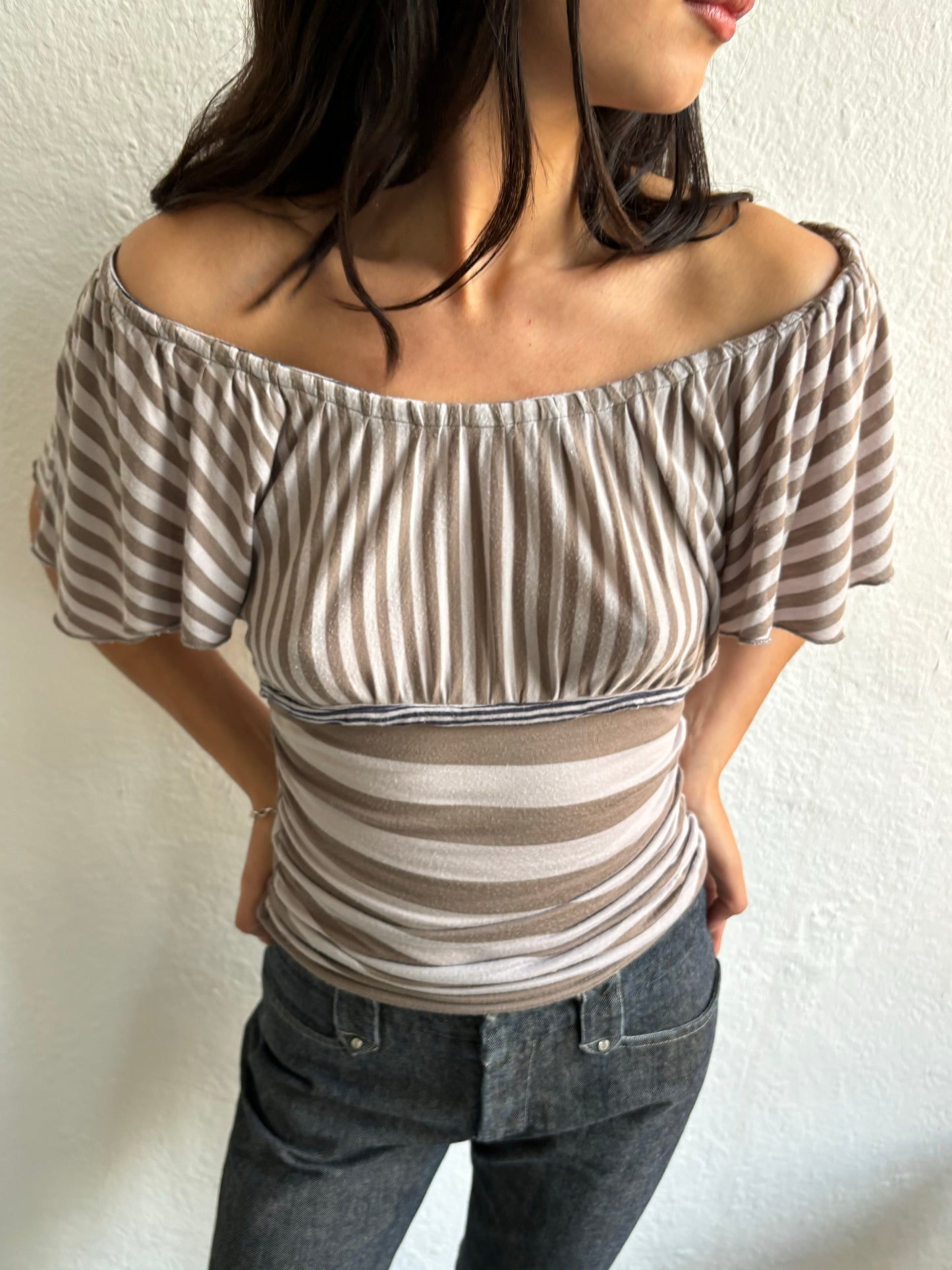 Kookai Stripe Off the Shoulder Top