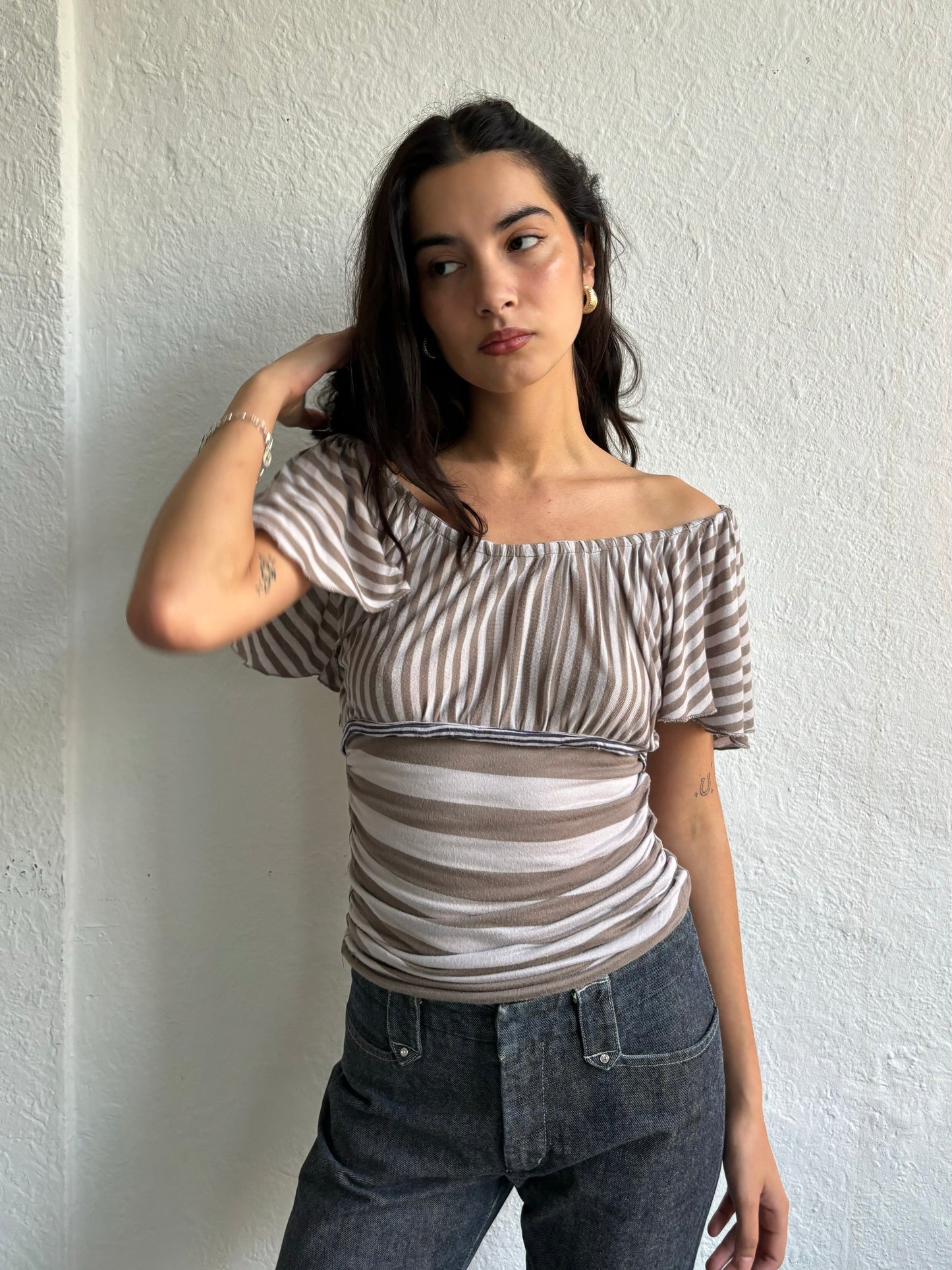 Kookai Stripe Off the Shoulder Top