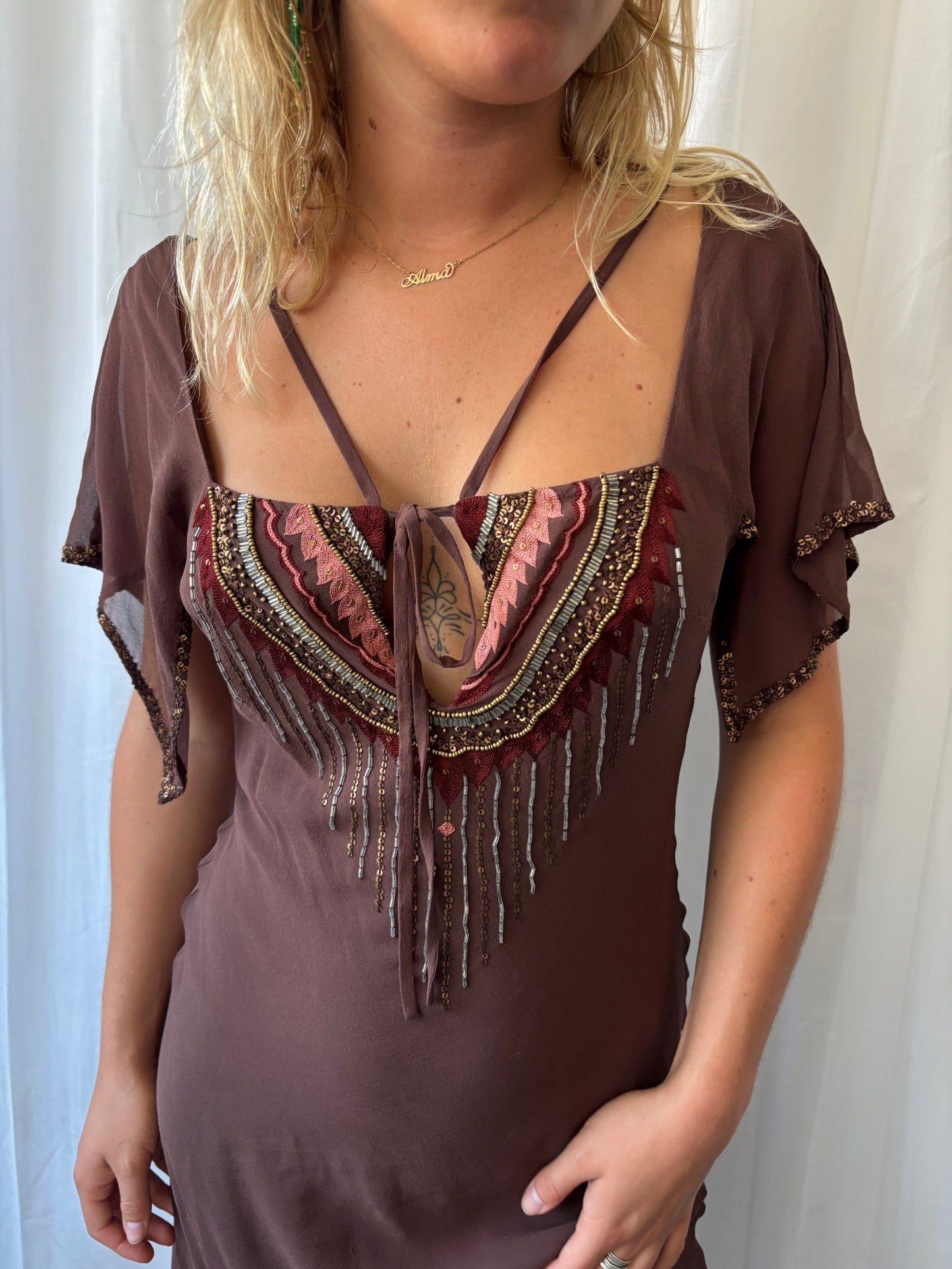 Tara Jarmon Brown Beaded Dress